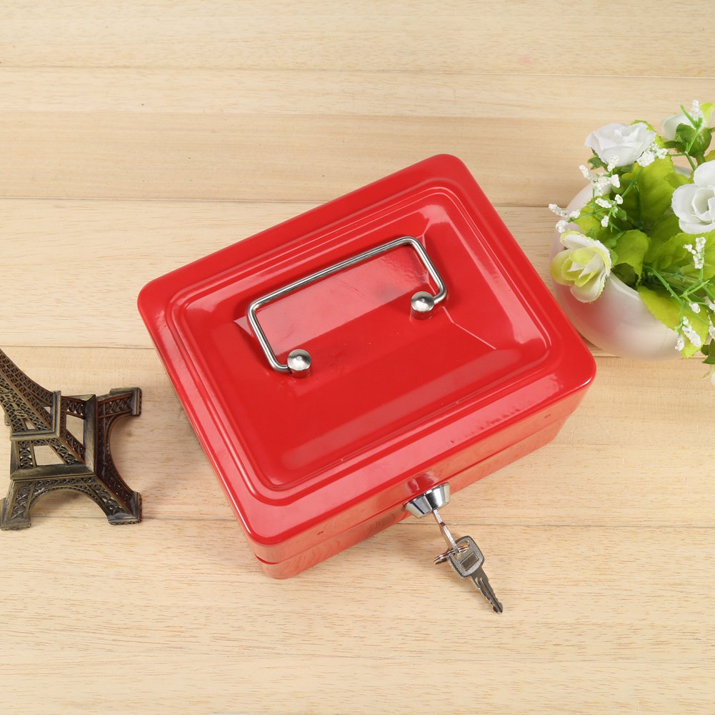 1Pc Metal Cash Box - Small Portable Steel Lockable Security Box with Key, Resistant Lock Box for Home, Office, or Retail Use (Red)