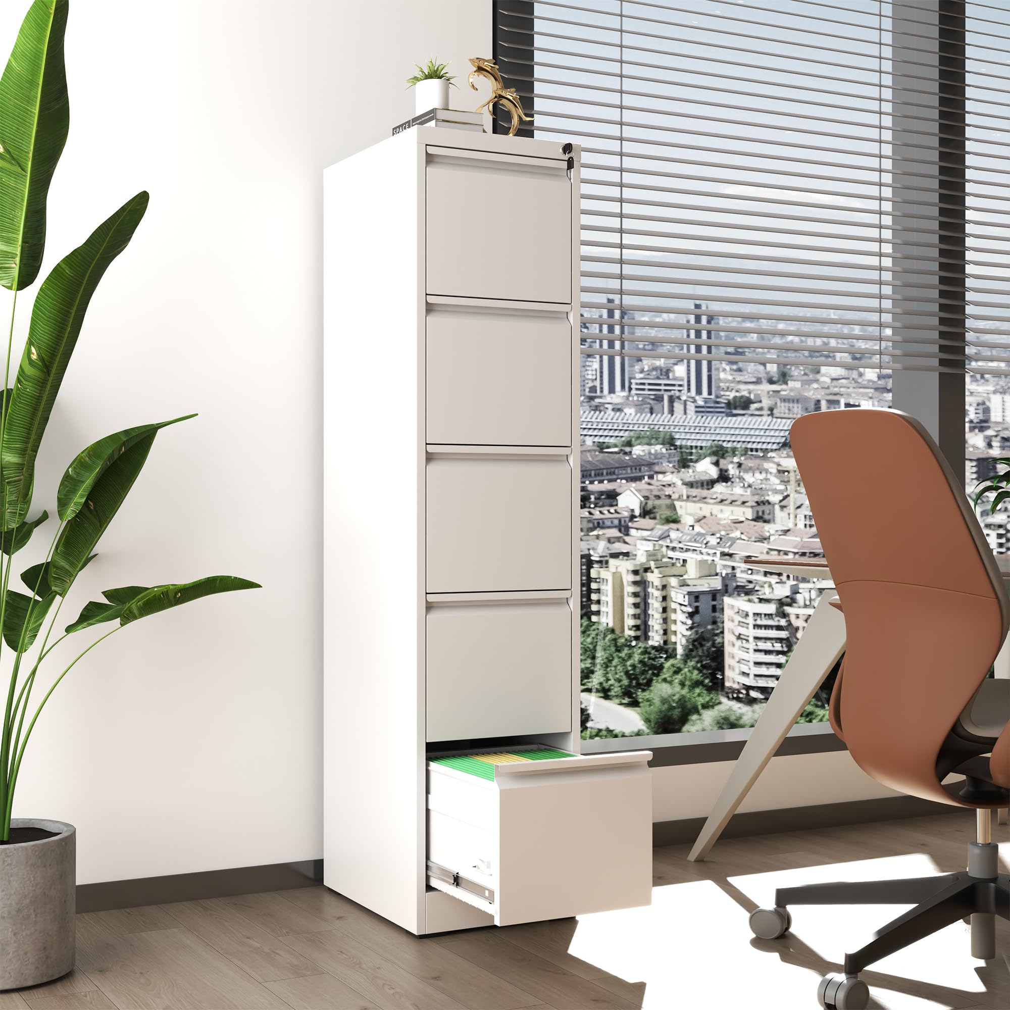 5-Drawer Vertical File Cabinet with Lock - Heavy Duty Steel Office Filing Cabinet for Hanging Letters, Legal & A4 Documents - Perfect for Home Office Organization (White, Assembly Required)