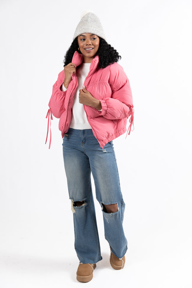 Pink Bow Sleeve Puffer Jacket for Women - Cozy Winter Outerwear with Stylish Bow Details | Perfect for Cold Weather, Date Nights & Holiday Outfits