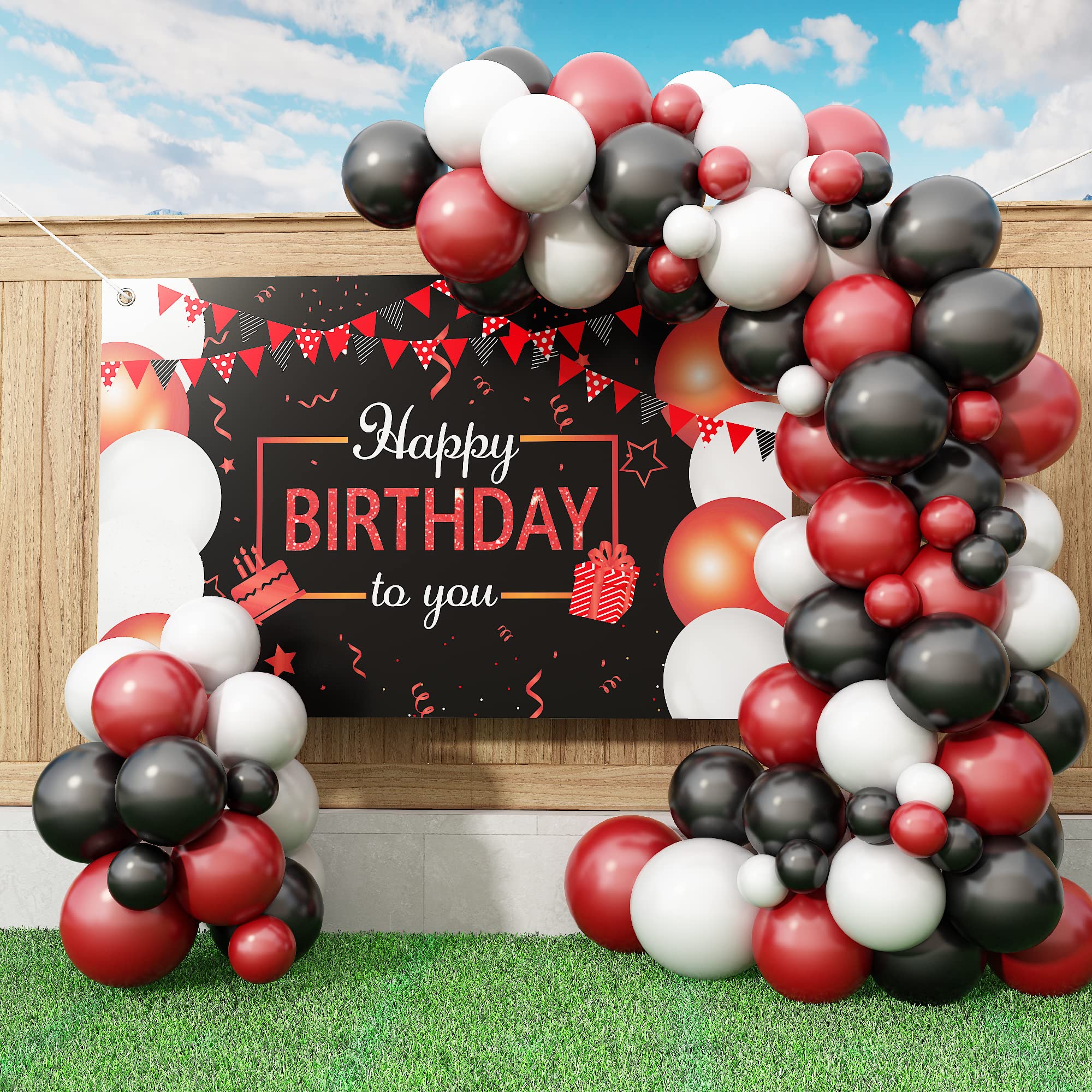 Red and Black Birthday Decorations Kit - Balloon Garland Arch, Happy Birthday Backdrop Banner for Baby Shower, Anniversary & Party Supplies | Perfect for Indoor/Outdoor Celebrations & Photo Backdrops