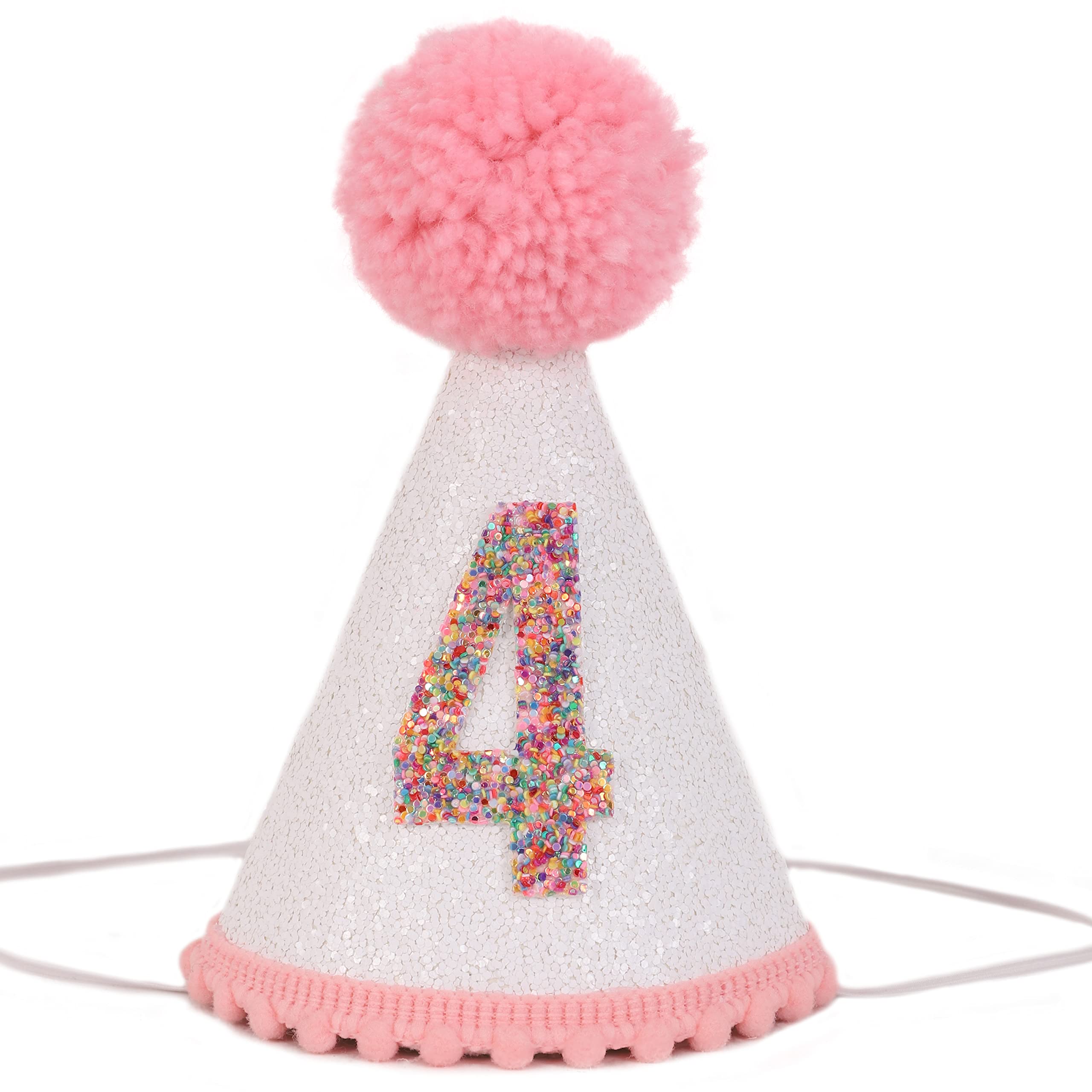 Sparkly Pink Glitter Birthday Hat for Girls with Pom Topper - Cute Party Hat for Birthday Celebrations, Princess Theme Parties & Special Occasions