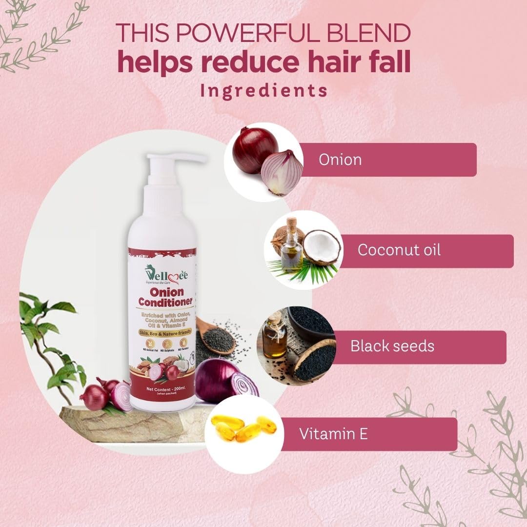 WELLMEE Onion Hair Conditioner for Hair Repair & Hair Loss Control - Infused with Plant Keratin, Black Seed Oil & Vitamin E - 200ml - Promotes Stronger, Healthier Hair for Daily Use & Damaged Hair Care