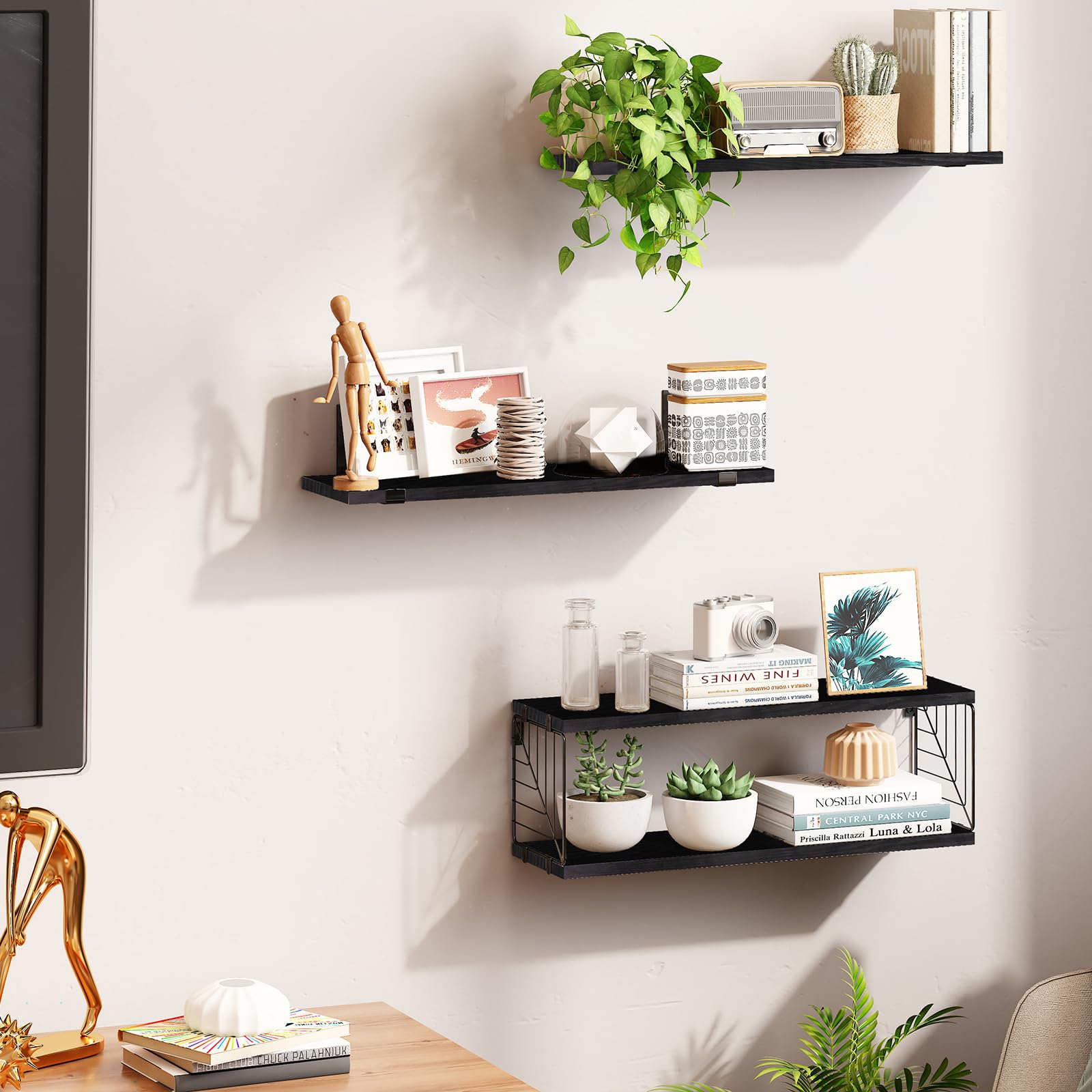 Fixwal 3-Tier Floating Bathroom Shelves Over Toilet - 15.8 Inch Rustic Farmhouse Wood Wall Shelves for Bathroom Storage - Space-Saving Decor for Living Room, Bedroom & Kitchen (Black) - Perfect for Organizing Toiletries, Towels and Decorative Items