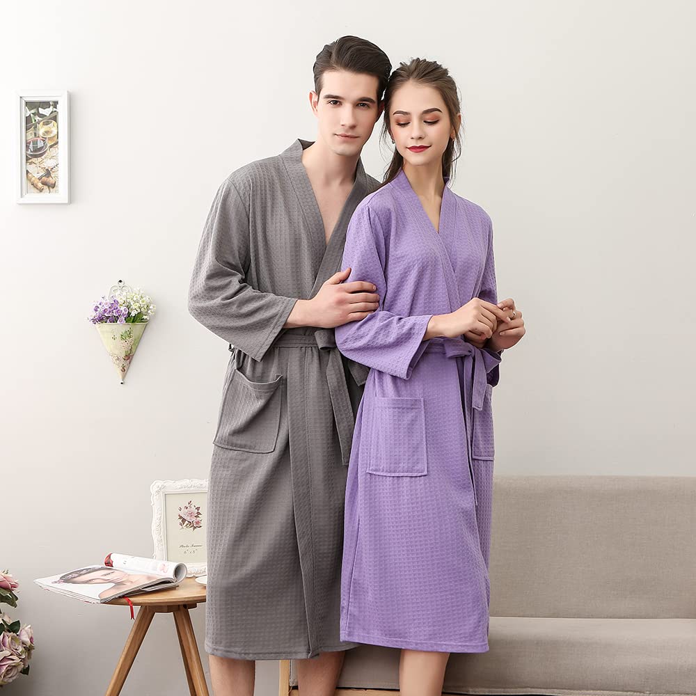 Rojeam Women's Lightweight Kimono Waffle Robe - Soft Unisex Bathrobe with Pockets for Spa, Sleepwear & Lounge Wear - Knee Length Comfortable Cotton Robe for Home Relaxation and Gift Giving