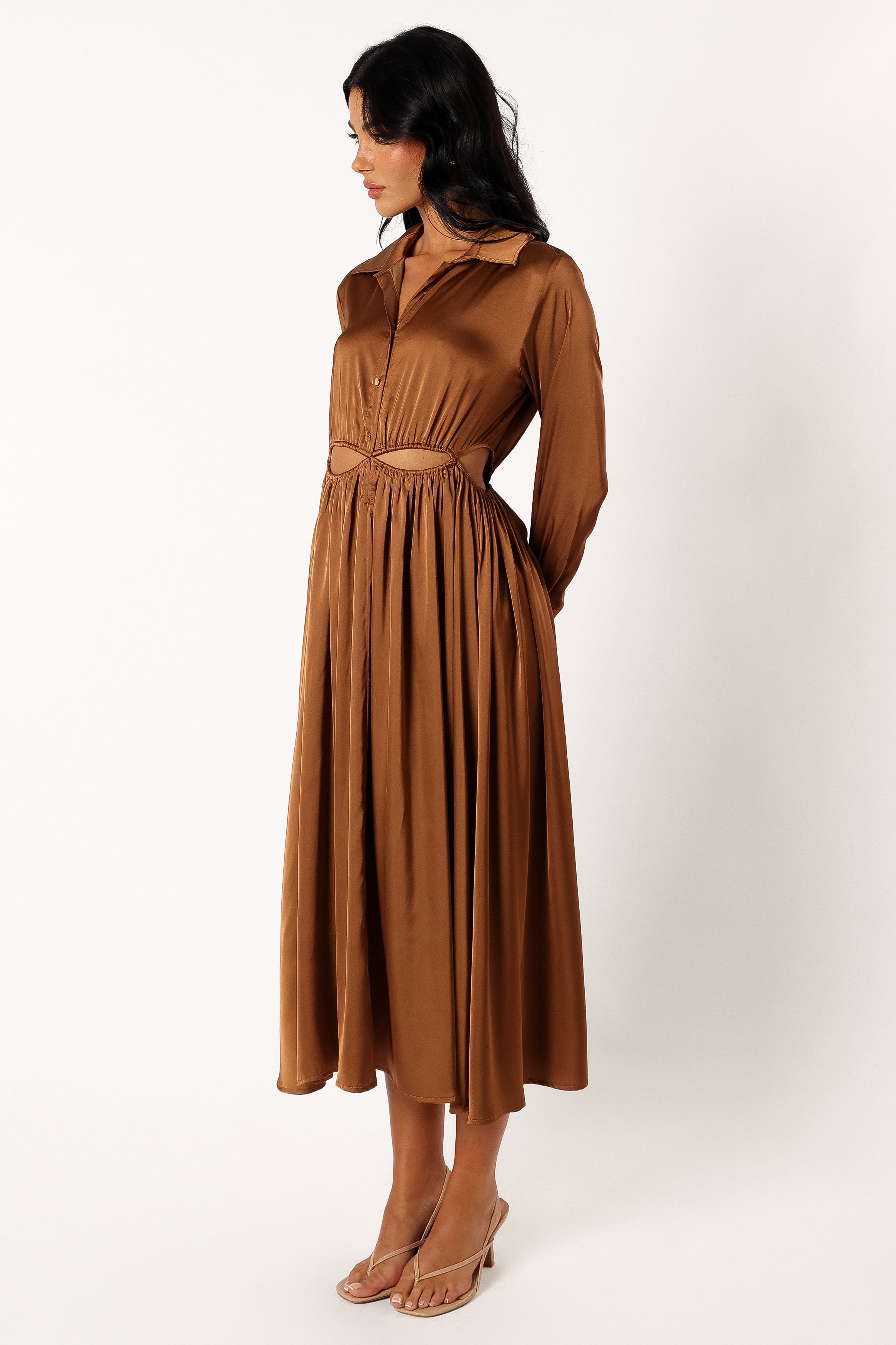 Elegant Jett Long Sleeve Midi Dress in Bronze - Perfect for Fall & Winter Fashion, Office Wear, and Special Occasions