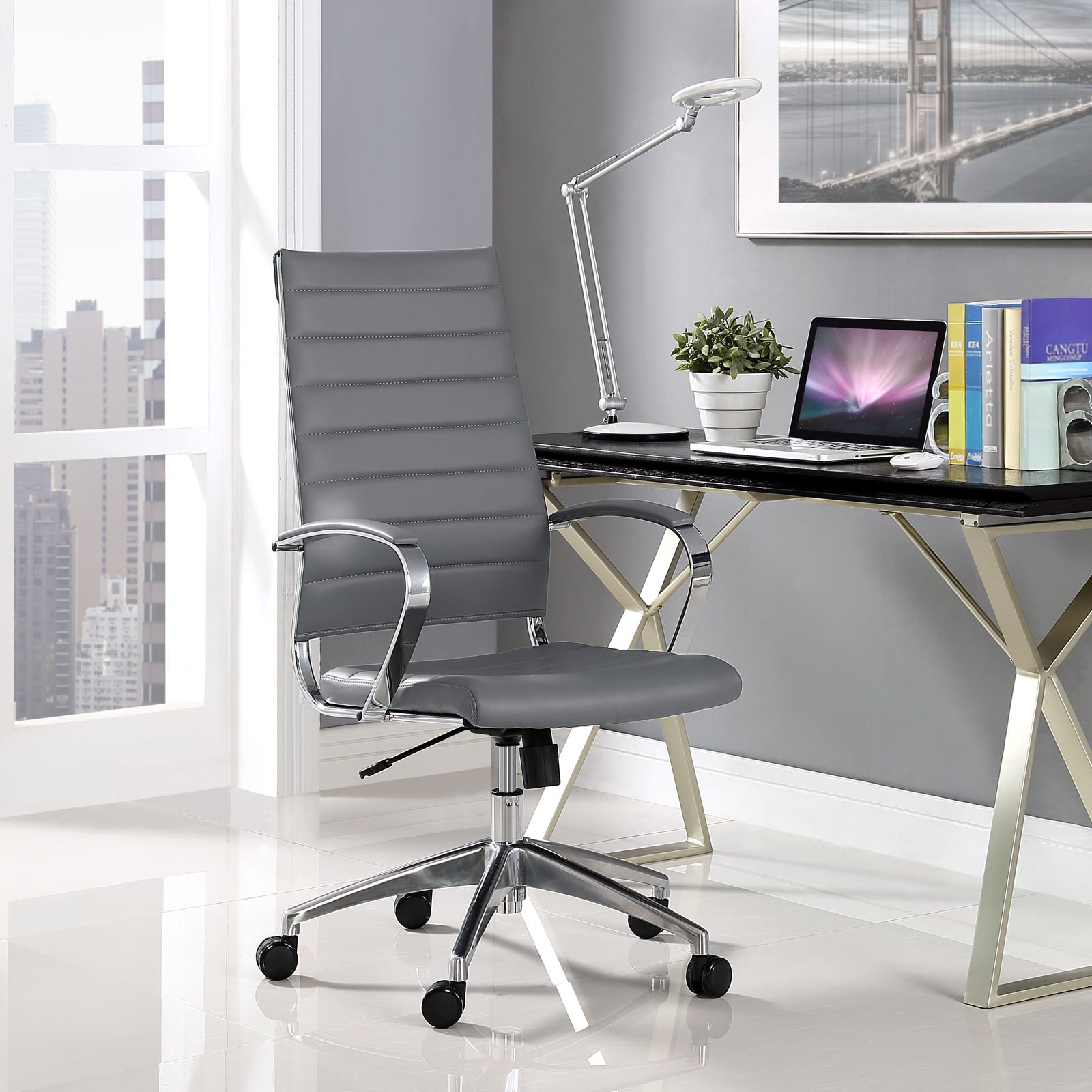 Modway Jive Ribbed High Back Executive Office Chair - Ergonomic Swivel Desk Chair with Adjustable Arms & Lumbar Support, Gray - Perfect for Home Office & Corporate Workspaces