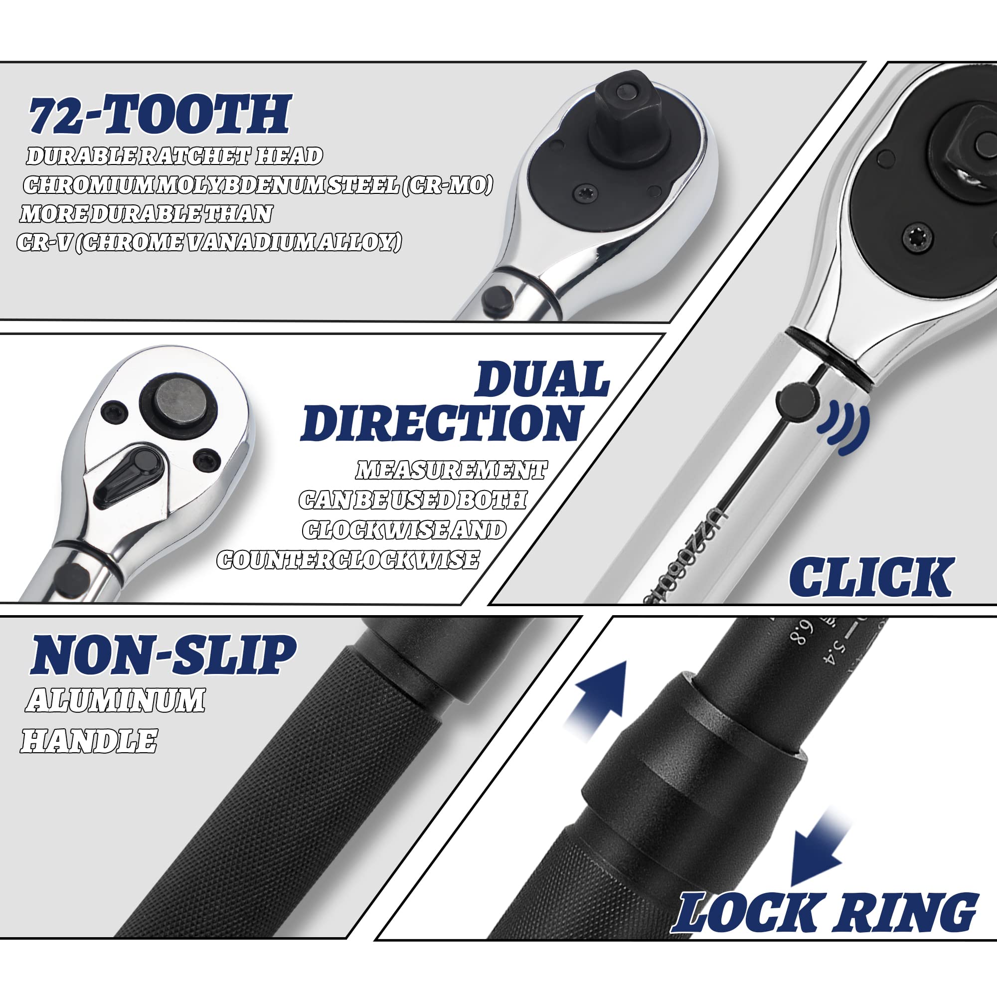 3/8-Inch Drive Dual-Direction Click Torque Wrench 10-45FT.LB/13.5-61N.M - Professional Precision Tool with Dual Range Scales (FT.LB & N.M) - Perfect for Automotive Repairs, Bicycle Maintenance & Industrial Applications