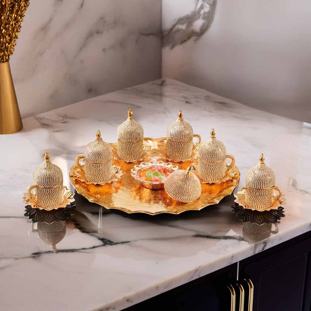 LaModaHome Golden Tea & Coffee Serving Tray Set - Premium Turkish Arabic Moroccan Coffee Tray in Luxurious Ahsen Gold | 35cm Large Metal Serving Tray | Perfect for Home Entertaining, Afternoon Tea & Coffee Ceremonies