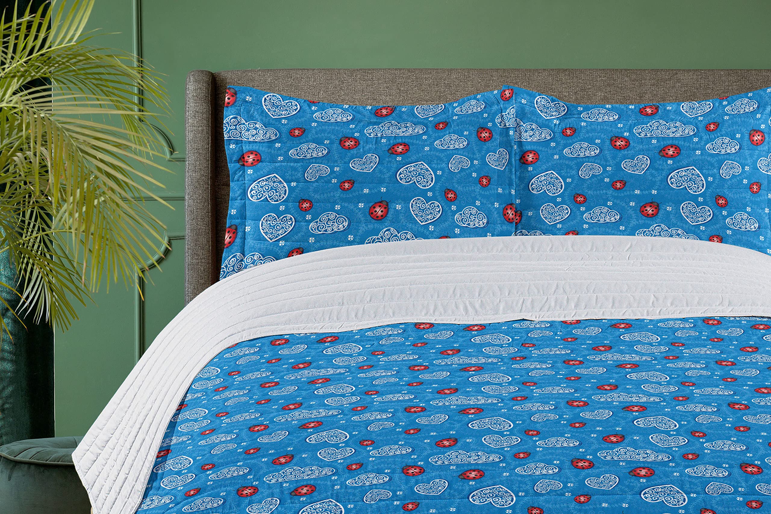 Ambesonne Ladybugs Microfiber Bedspread Set - Queen Size Blue Red, Soft Bedding with Pillow Shams & Comforter, Ladybug and Cloud Art Design - Perfect for Kids' Rooms, Guest Bedrooms, and Nature-Themed Decor
