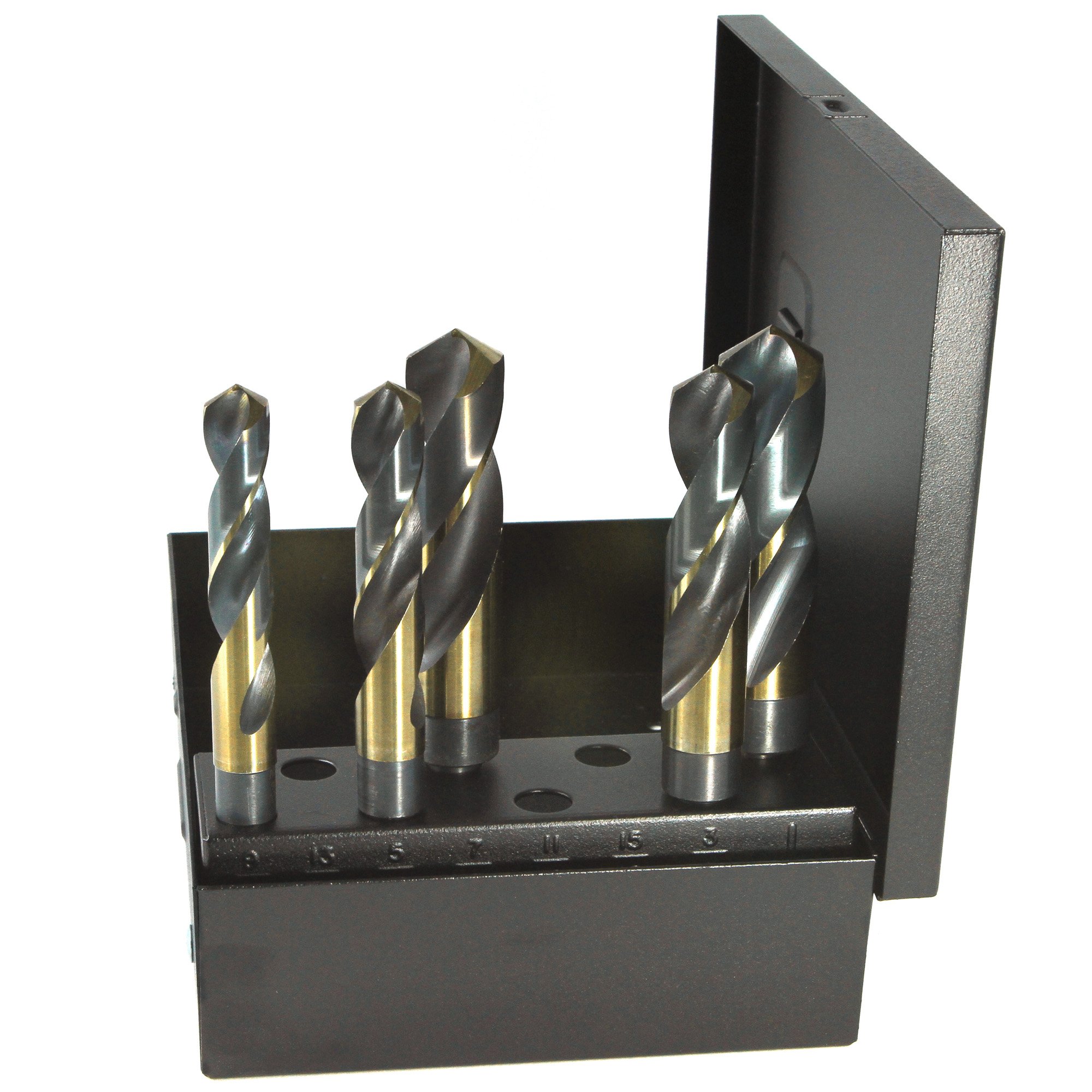 1000N Series Nitro 5-Piece High-Speed Steel Reduced Shank Drill Bit Set - Black & Gold Oxide Finish, Round Shank, Spiral Flute, 118° Split Point (9/16