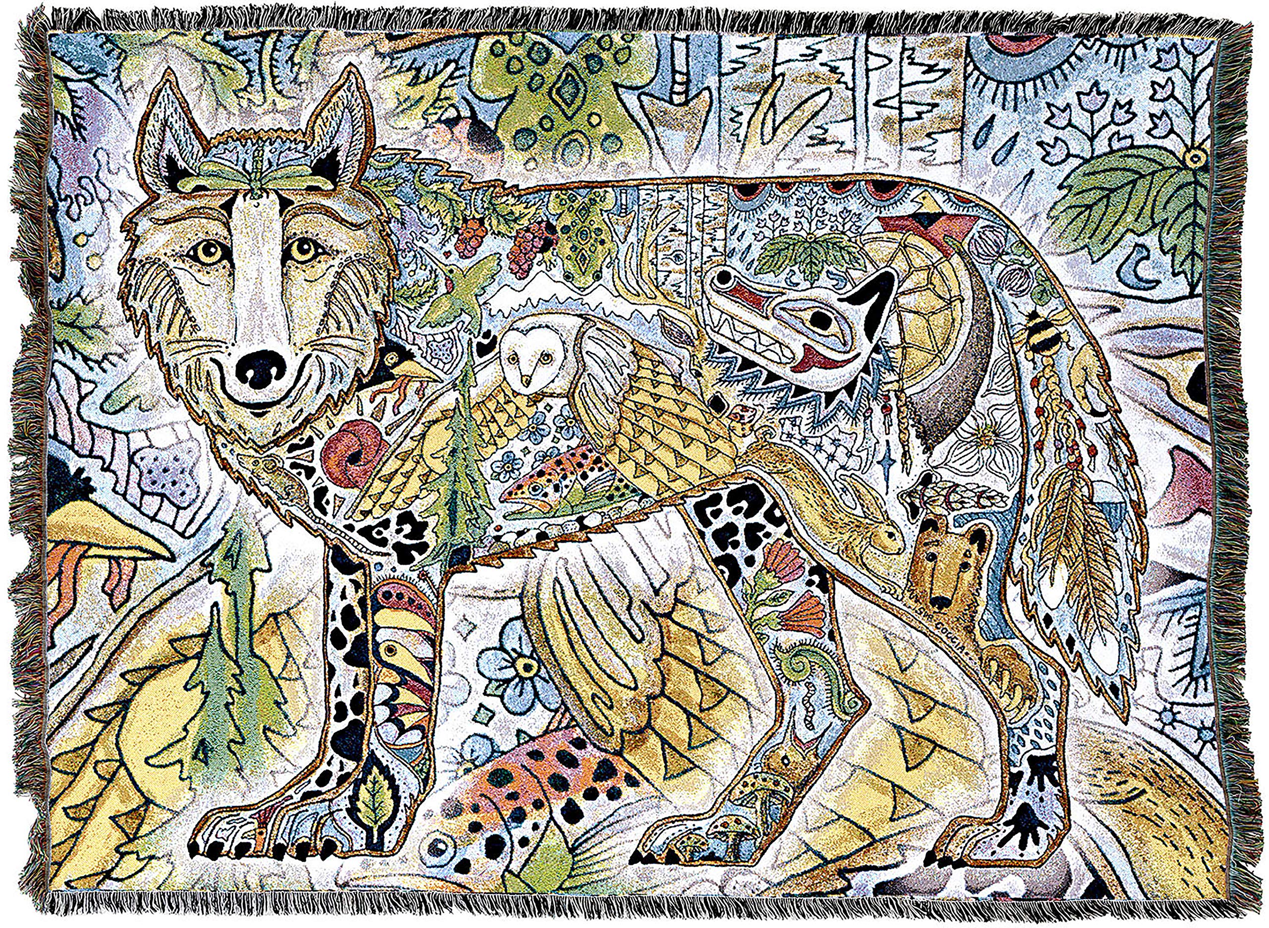 Pure Country Weavers XL Wolf Standing Blanket - Sue Coccia Animal Spirits Totem Cotton Woven Throw - Handmade in USA (82x62) - Perfect for Home Decor, Cabin Retreats & Spiritual Gift Giving