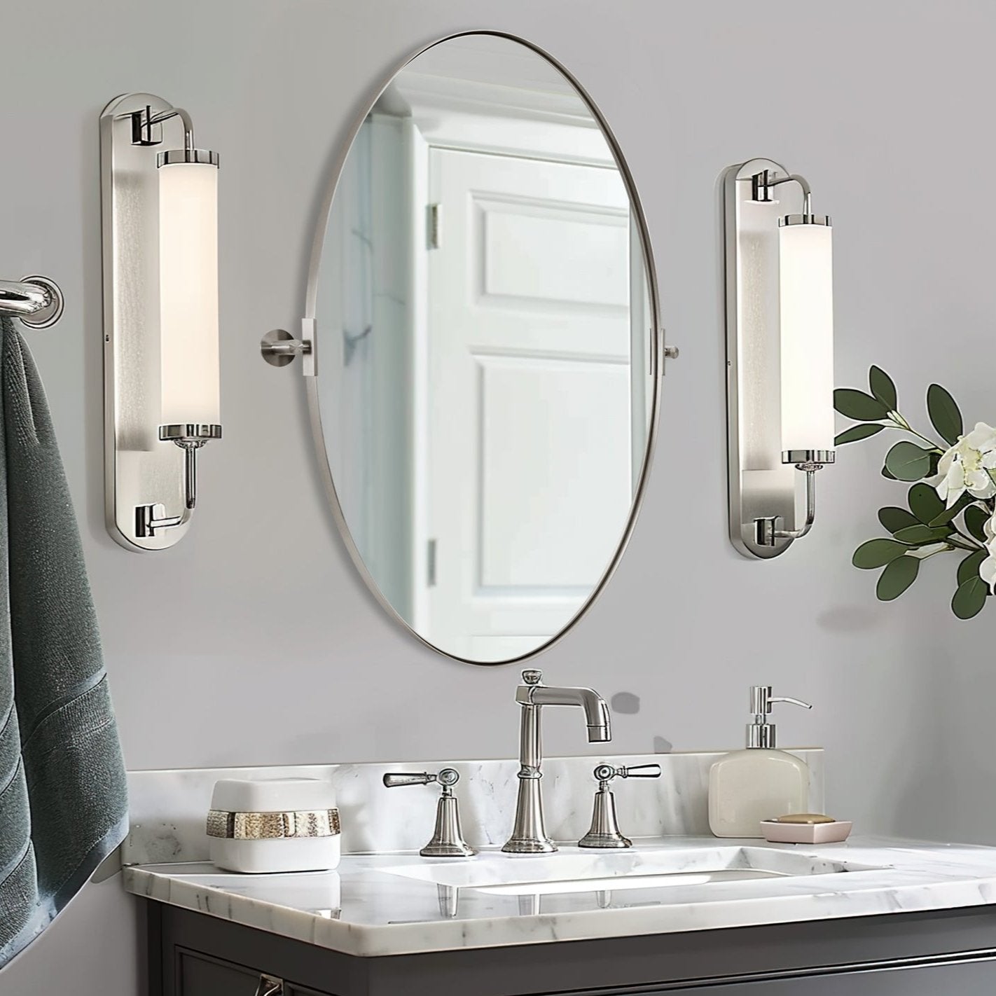 Adjustable Tilting Oval Pivot Mirror with Stainless Steel Frame for Bathroom Vanity | Perfect for Makeup, Shaving & Home Decor