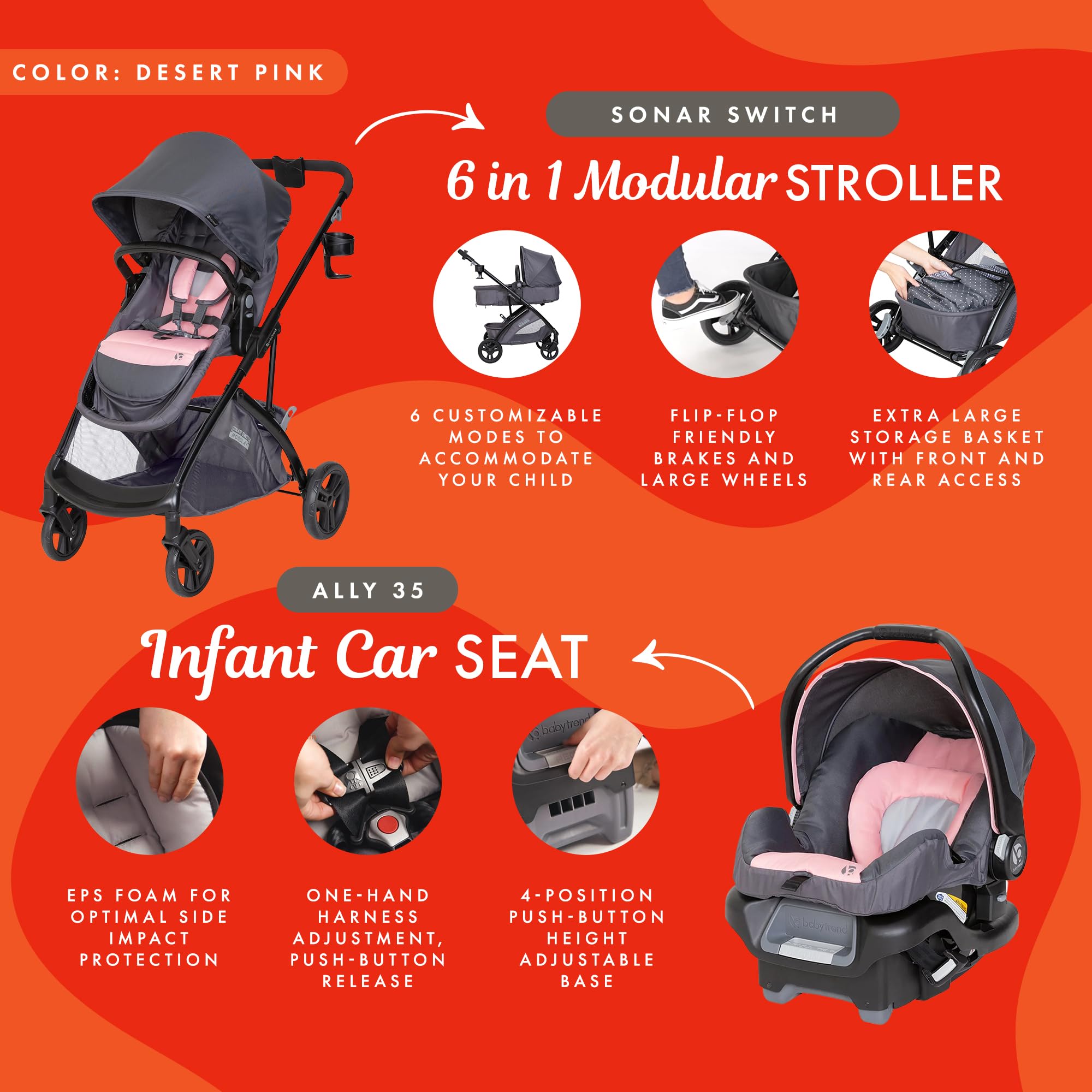 Baby Trend Sonar™ Switch 6-in-1 Modular Stroller Travel System with Ally™ Infant Car Seat - Desert Pink | Convertible Stroller for Newborn to Toddler | Perfect for Shopping, Travel & Daily Walks