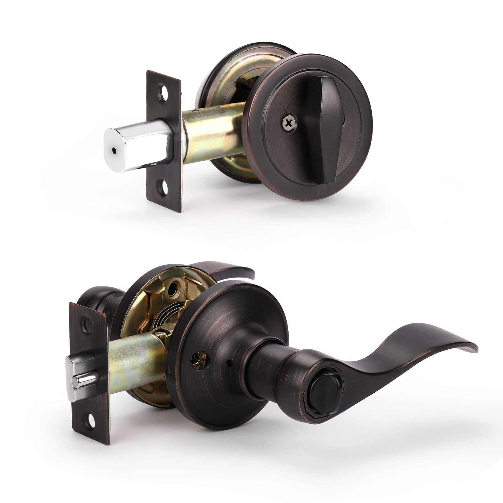KNOBWELL 10 Pack Exterior Front Entry Door Handle Lock Set with Single Cylinder Deadbolt - Oil Rubbed Bronze Finish (Different Keys) - Secure Your Home, Office, or Rental Property