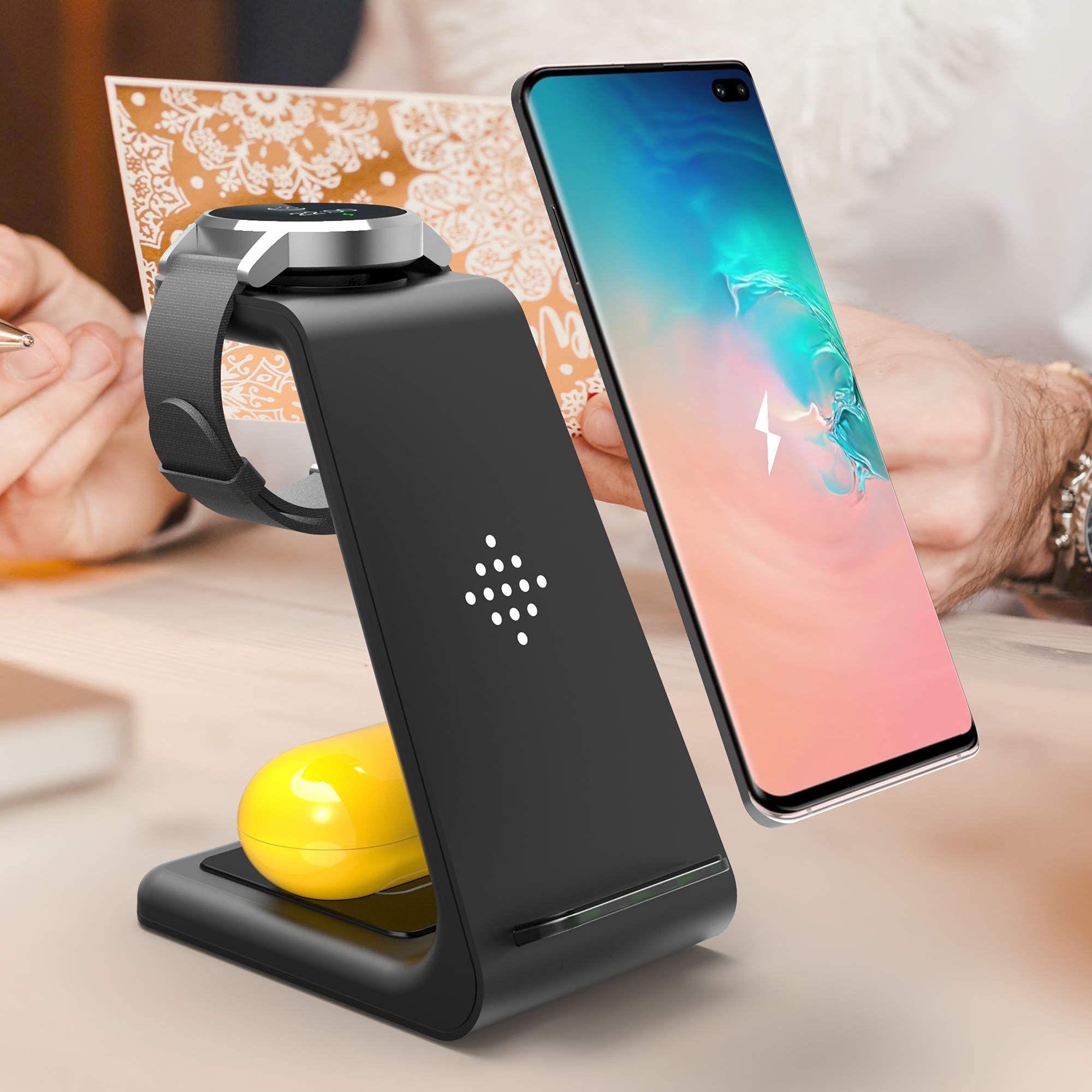 YOCUNKER 3-in-1 Wireless Charging Station - Fast Charger Dock for Samsung Galaxy Watch 5/4/3/2/Active 2/1/Gear S3, S22 Ultra/S21/S20/S10/Note 20/Z Flip 4/Z Fold 4/3, Buds+/Pro/Live (Black) | Perfect for Home, Office & Travel Charging Needs