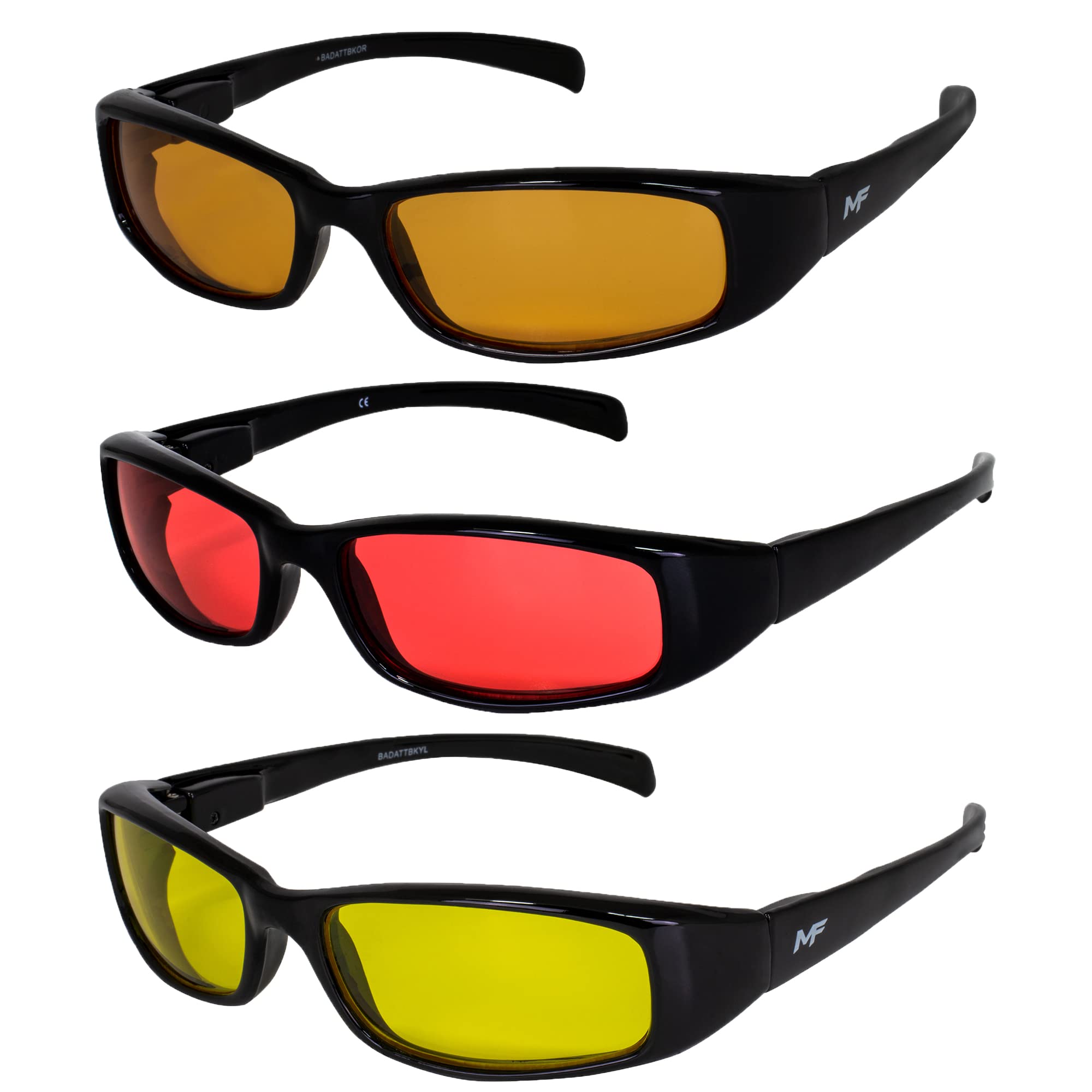 3 Pairs MF Eyewear Bad Attitude Motorcycle Glasses - Shatterproof Polycarbonate, UV400 Protection, Scratch-Resistant with Black Frame & Orange/Red/Yellow Lenses - Perfect for Motorcycle Riding, Cycling & Outdoor Sports