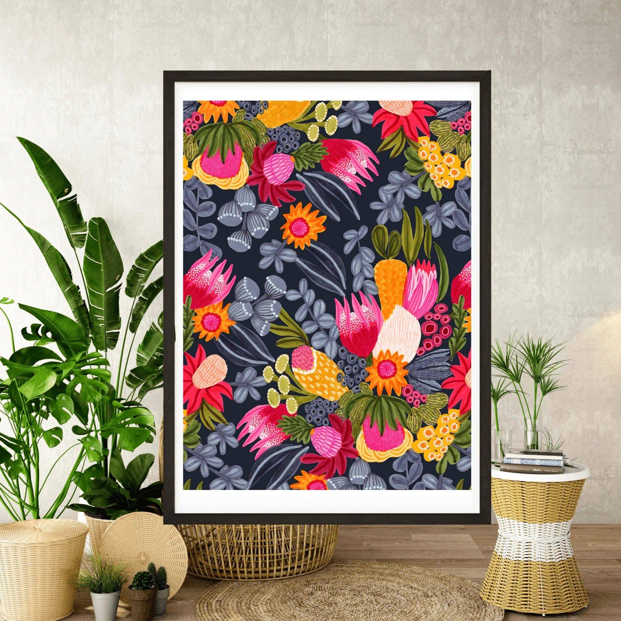 White Protea & Bush Flowers Botanical Art Print - Stunning Floral Wall Decor for Living Room, Bedroom & Office - Perfect for Home & Office Decor