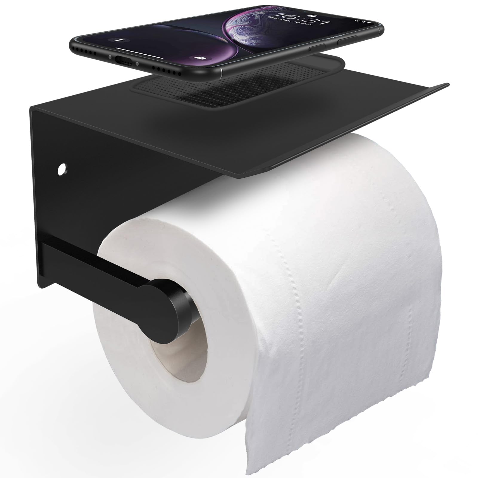 GIGRIN Matte Black Toilet Paper Roll Holder - Anti-Slip Bathroom Towel Holder - SUS304 Stainless Steel Round Wall Mount Tissue Holder with Shelf & Non-Slip Mat - Perfect for Modern Bathrooms & Powder Rooms