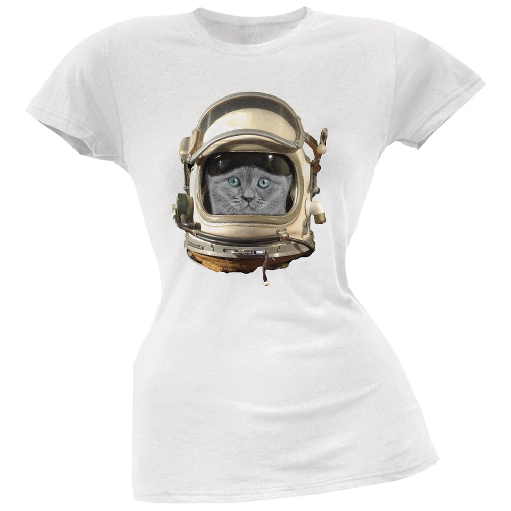 Astronaut Cat White Soft Juniors T-Shirt - Cute Space Themed Cotton Tee for Girls & Teens - Perfect for School, Casual Wear & Space Enthusiasts