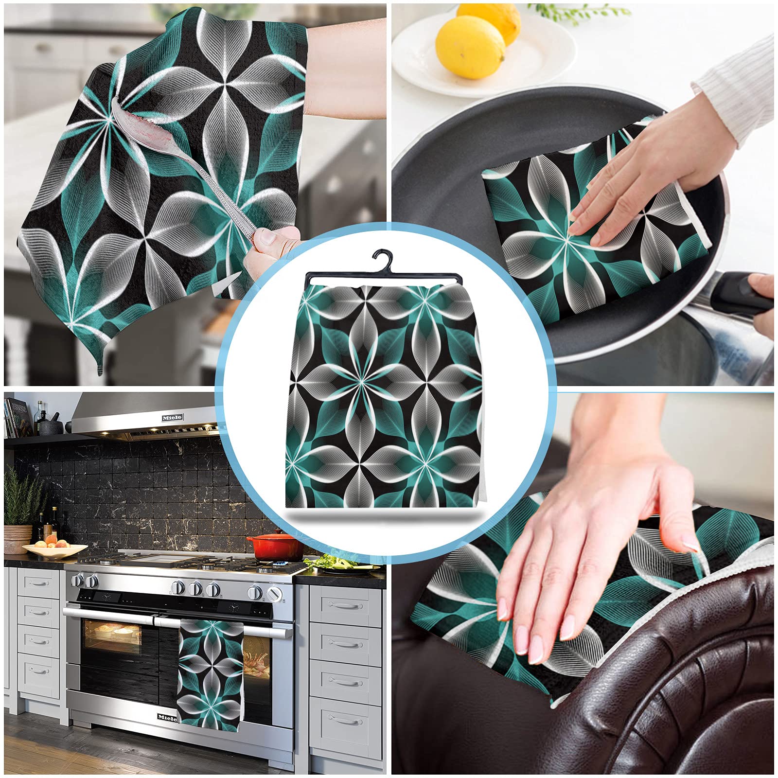 Premium Absorbent Microfiber Kitchen Towels Set of 3 - Modern Floral Design, Soft Reusable Dish Cloths for Kitchen & Bathroom, Nonstick Oil Washable Tea Towels - Perfect for Drying Dishes, Cleaning Countertops, and Adding Stylish Decor