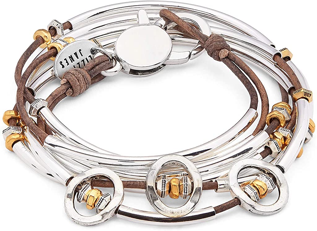 Lizzy James Beth Silver Wrap Bracelet Necklace with Silver Discs, Gold Beads & Natural Brown Gray Leather - Boho Chic Jewelry for Women, Perfect for Layering, Everyday Wear & Special Occasions