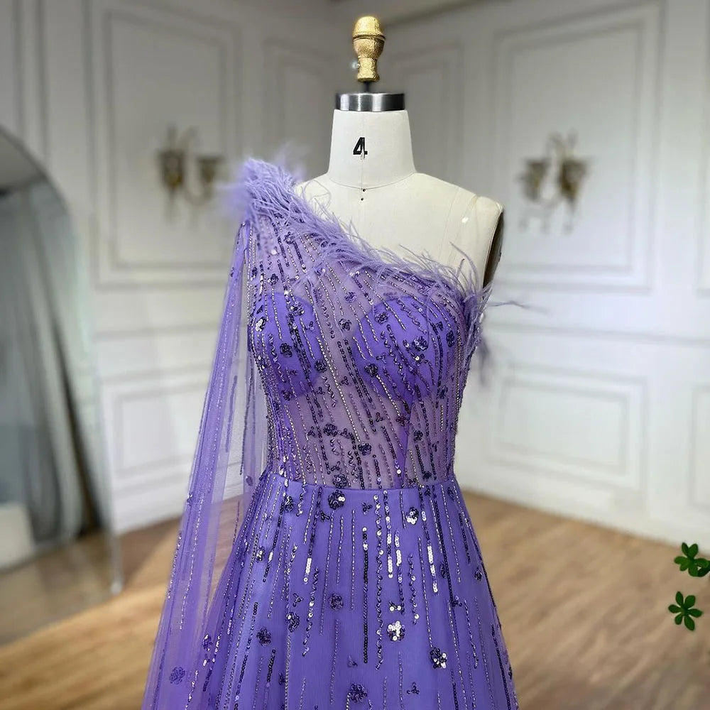 Serene Hill Lilac A-Line One Shoulder Cape Sleeve Beaded Feather Evening Gown for Women - Elegant Wedding Party Dress for Prom, Gala & Formal Events LA72503A
