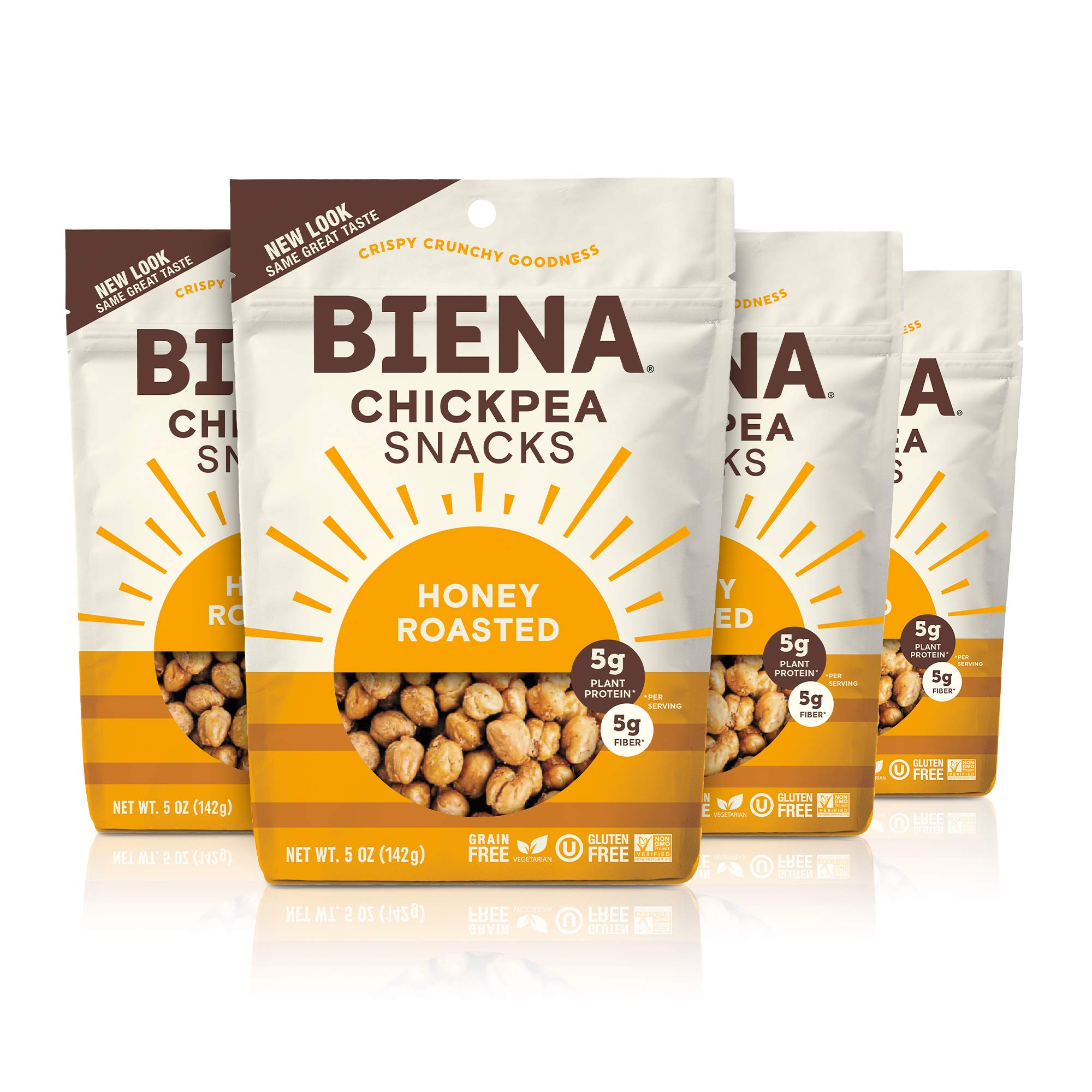Biena Crispy Roasted Chickpea Snacks Bundle - Sea Salt & Honey Roasted (4-Pack) | Healthy Vegan Protein Snacks for Work, Travel & On-The-Go | Gluten-Free Crunchy Chickpeas