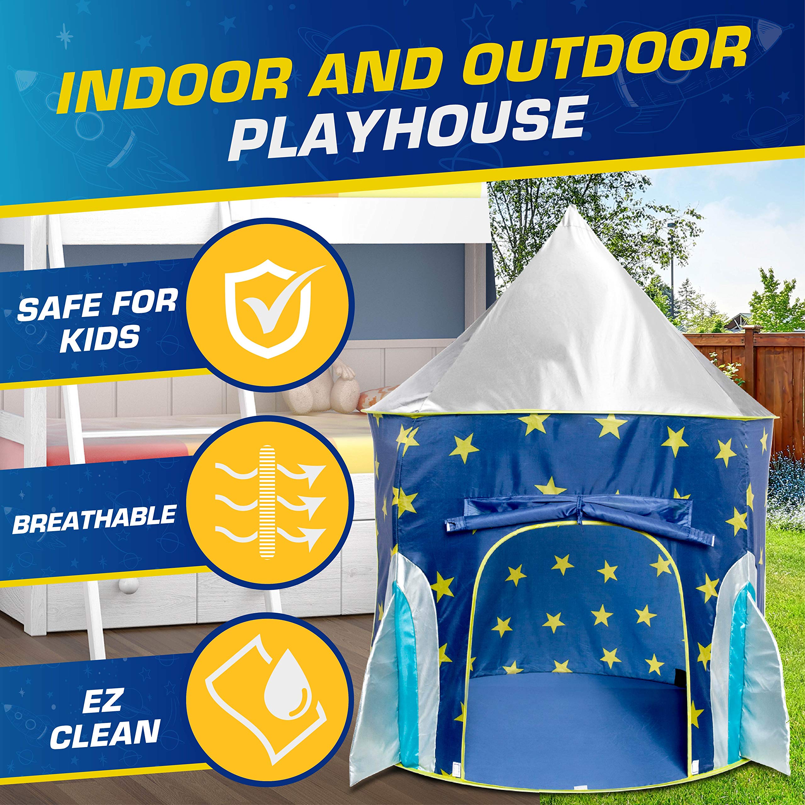 USA Toyz Rocket Ship Pop Up Kids Tent - Indoor Playhouse for Boys & Girls with Space Projector Toy & Carry Bag | STEM Learning Toy, Birthday Gift, Imaginative Play Space for Bedrooms & Playrooms