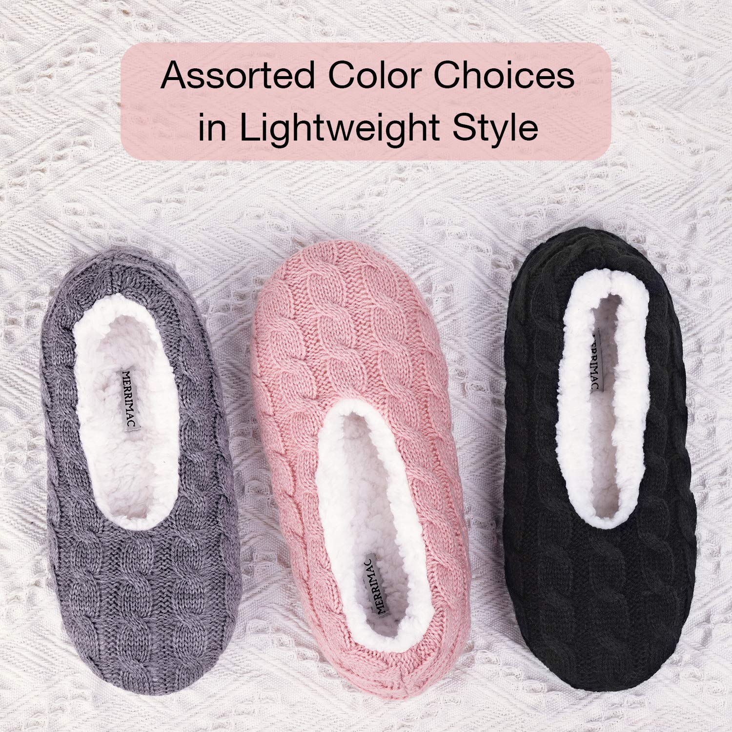 MERRIMAC Women's Cozy Fuzzy Cable Knit Non-Slip Slipper Socks with Grippers - Warm House Shoes for Winter, Lounge & Home Comfort
