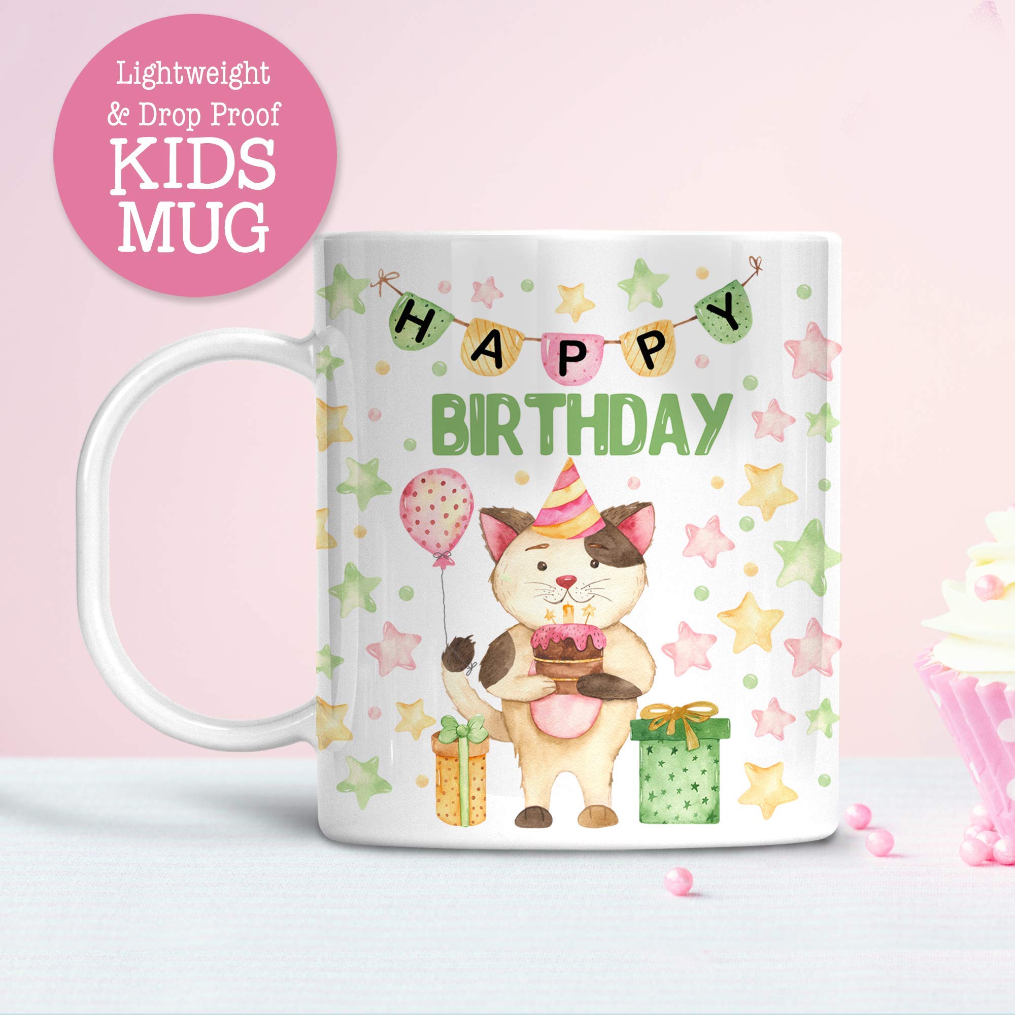 Personalized Kids Birthday Mug - Pink Kitty Cat with Balloons Design | Unbreakable, Dishwasher Safe & BPA Free Cup | Perfect Gift for Children's Party, Birthday Celebration & Daily Use