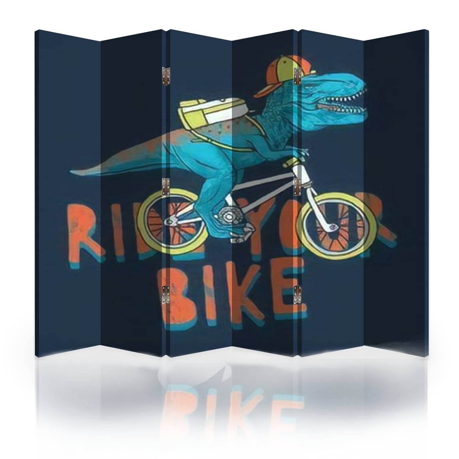 Dinosaur & Bike Print 6-Panel Canvas Room Divider - Folding Privacy Screen for Bedroom, Office & Living Room | Space Separator Partition Wall Decor