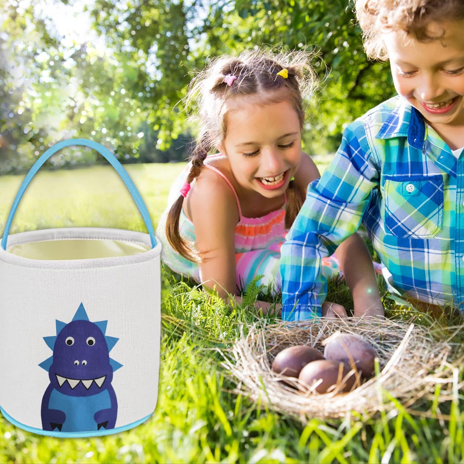 Dinosaur Easter Basket for Kids - Easter Egg Hunt Basket with Handle, Easter Party Supplies & Gifts | Perfect for Easter Celebrations, Egg Hunts, and Toy Storage