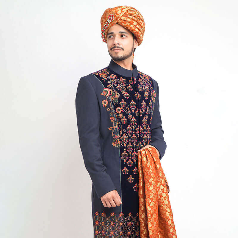 Elegant Black Velvet Sherwani for Men - Slim Fit Indian Wedding Suit | Perfect for Grooms, Gala Events & Cultural Celebrations