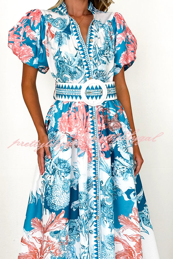 Stylish Floral Print Puff Sleeve Button-Down Belted Maxi Dress for Women | Summer Beach Wedding Party Outfit | Perfect for Vacations, Date Nights & Special Occasions