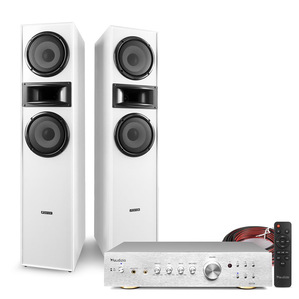 Fenton SHF700W Floor Standing HiFi Tower Speaker System with Bluetooth, Amplifier & Speaker Cable Kit - Powerful Home Stereo Sound System for TV, Movies & Music - Perfect for Living Room, Home Theater & Entertainment Spaces - White