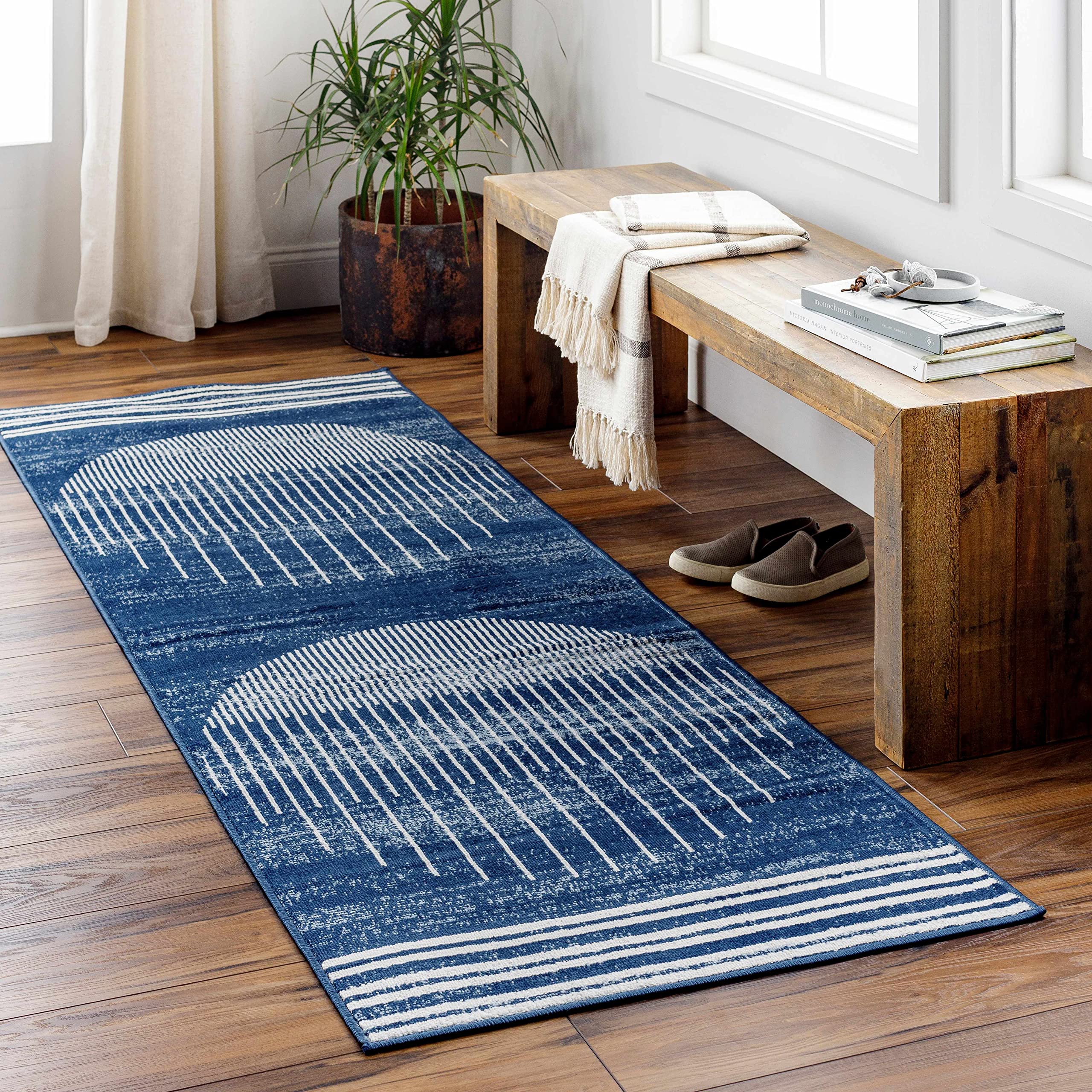 Contemporary Farmhouse Area Rug - Mid Century Modern Round Carpet in Blue, Navy, Gray & Beige - 7'10
