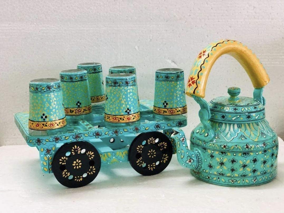 Handmade Green Aluminum Tea Kettle Set with 6 Glass Cups & Wooden Tray - 5