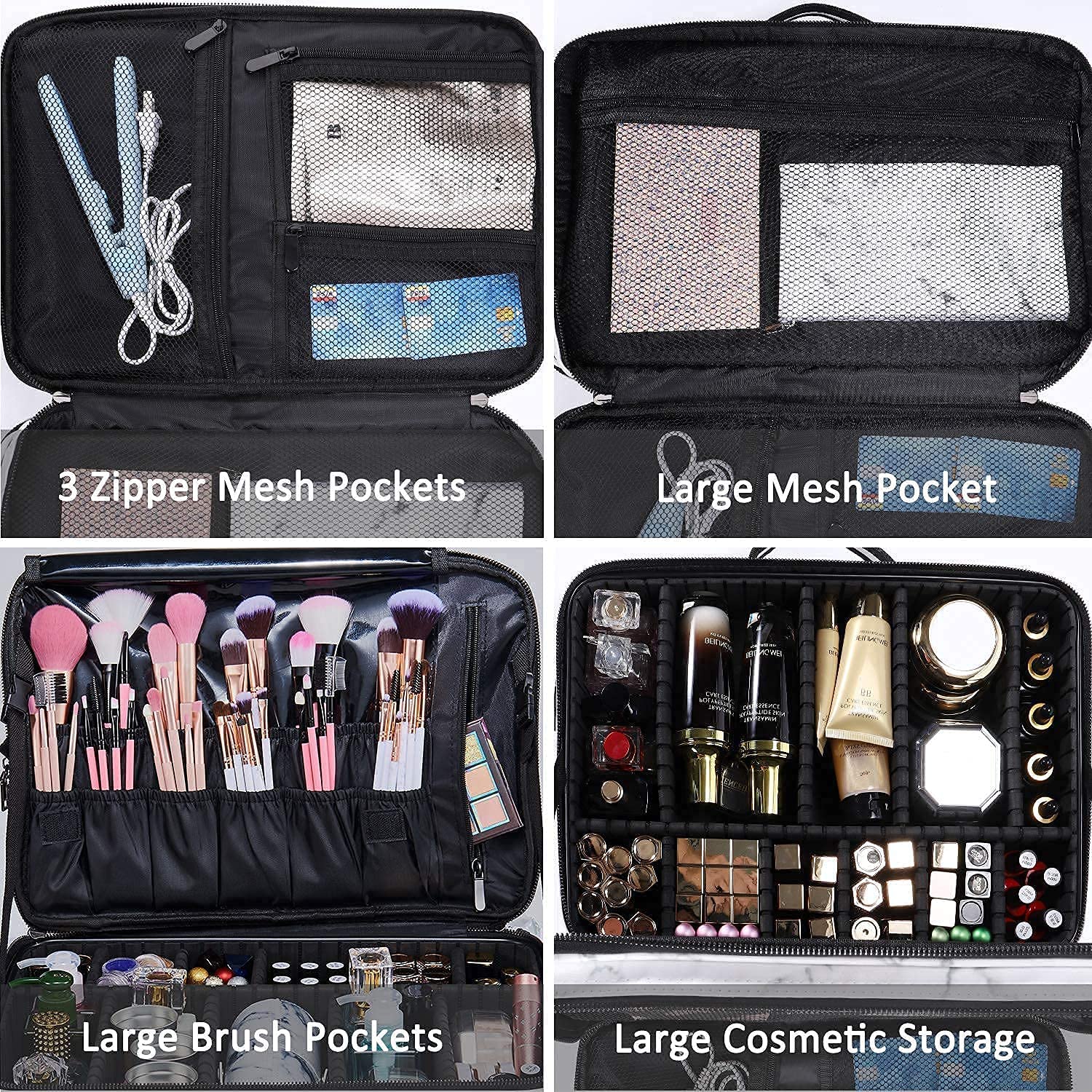 JOURMON Travel Makeup Case - Portable Cosmetic Train Case Organizer with Adjustable Dividers & Shoulder Strap for Makeup Brushes & Toiletries | Perfect for Travel, Salon Professionals & Home Storage (Marble White Black, Large)