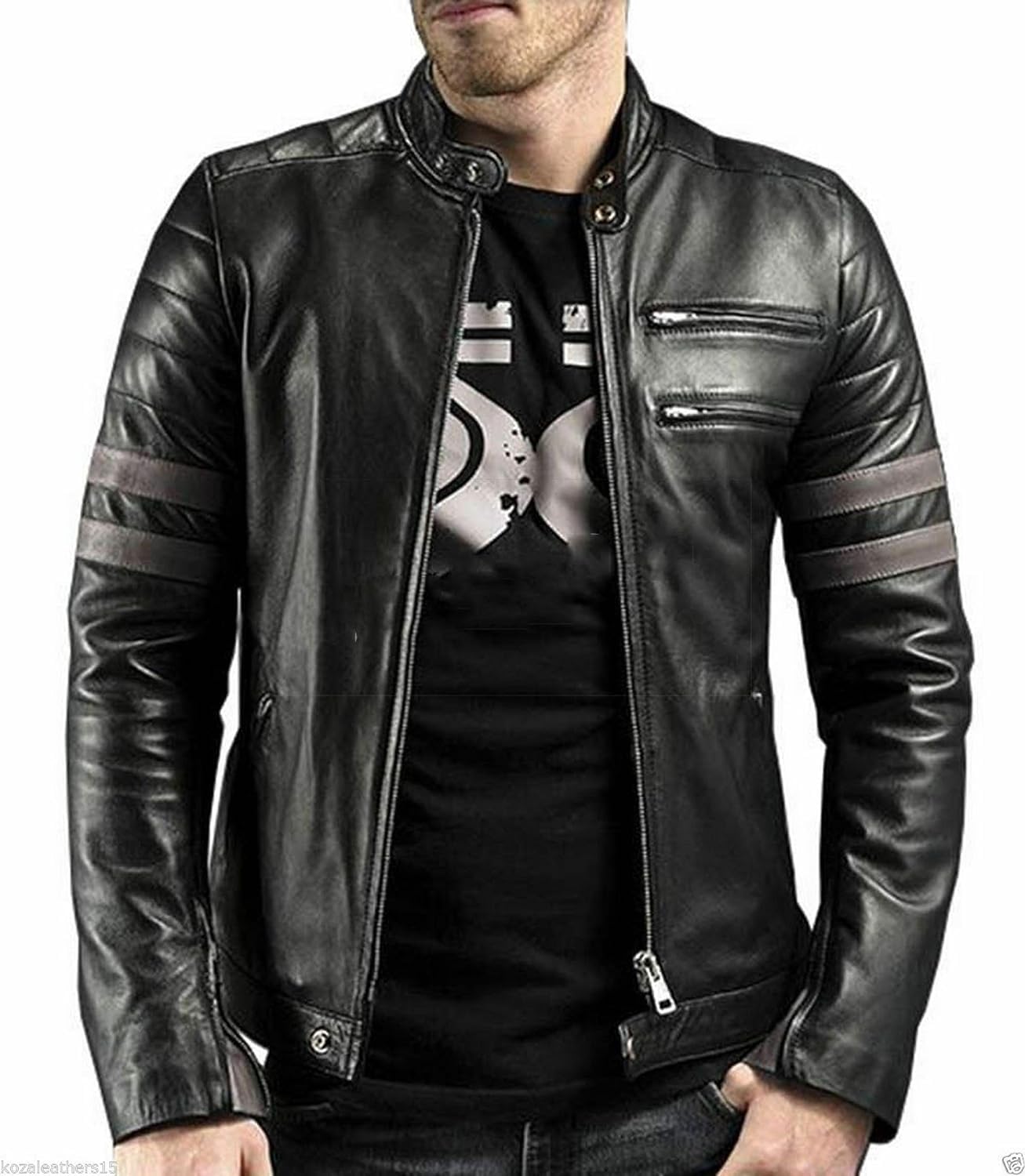 Men's Retro Stripe Biker Leather Jacket - Genuine Motorcycle Jacket for Cafe Racer Style | Perfect for Riding, Casual Wear & Vintage Fashion