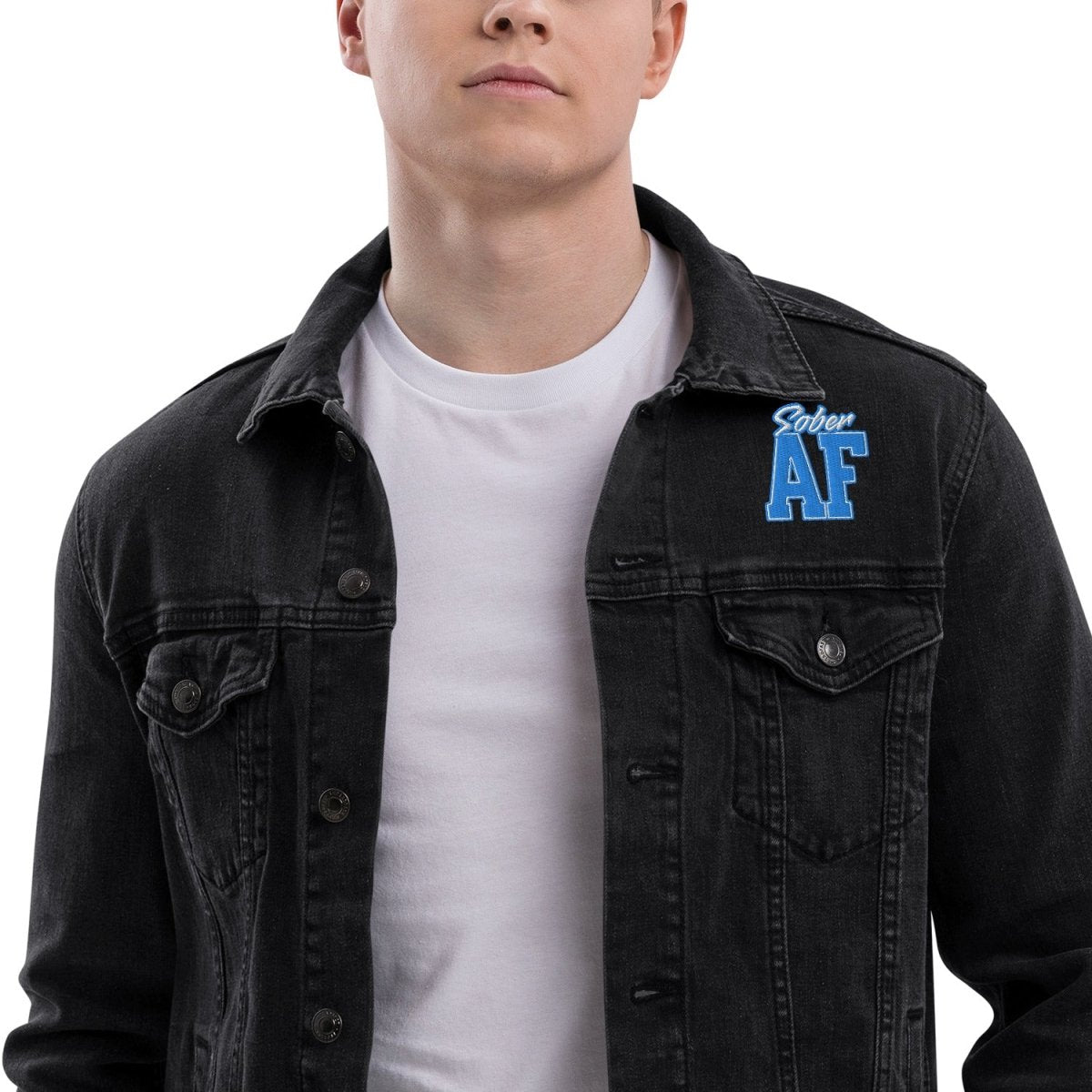 Sober AF Embroidered Unisex Denim Jacket - Stylish Streetwear for Men & Women - Perfect for Casual Outings, Music Festivals, and Night Out