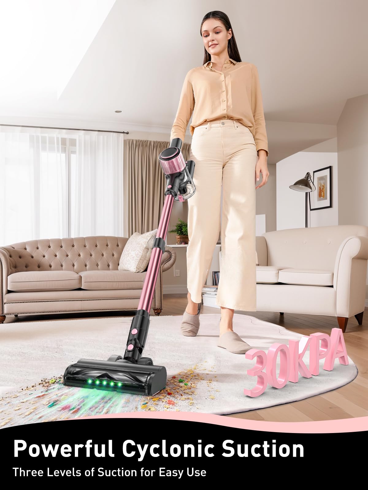 8-in-1 Cordless Vacuum Cleaner with Powerful Suction - Lightweight Stick Vacuum for Hard Floors & Carpets | LED Display, 3 Suction Modes, 45Min Detachable Battery | Perfect for Pet Hair, Home Cleaning & Quick Pickups (Pink)