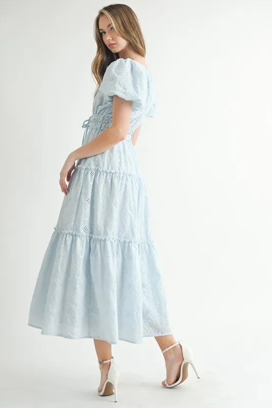 Light Blue Puff Sleeve V-Neck Midi Summer Dress - Flowy Casual Sundress for Beach, Vacation & Date Night