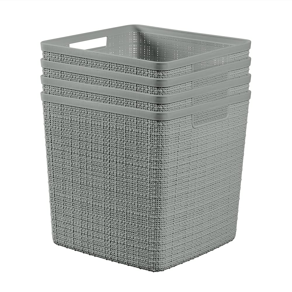 Curver Set of 4 Large Jute Cube Storage Baskets - Decorative Plastic Organizer Bins for Home Office, Closet Shelves, Kitchen Pantry & Bedroom Essentials - Grey - Perfect for Home Organization & Stylish Storage Solutions