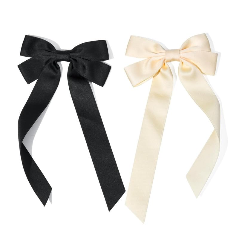 RECTYO GALLERY 2PCS Premium Silk Satin Hair Ribbon Clips with Elegant Bows - Black & Beige Hair Accessories for Women, Girls, Teens & Kids | Perfect for Weddings, Parties & Daily Styling