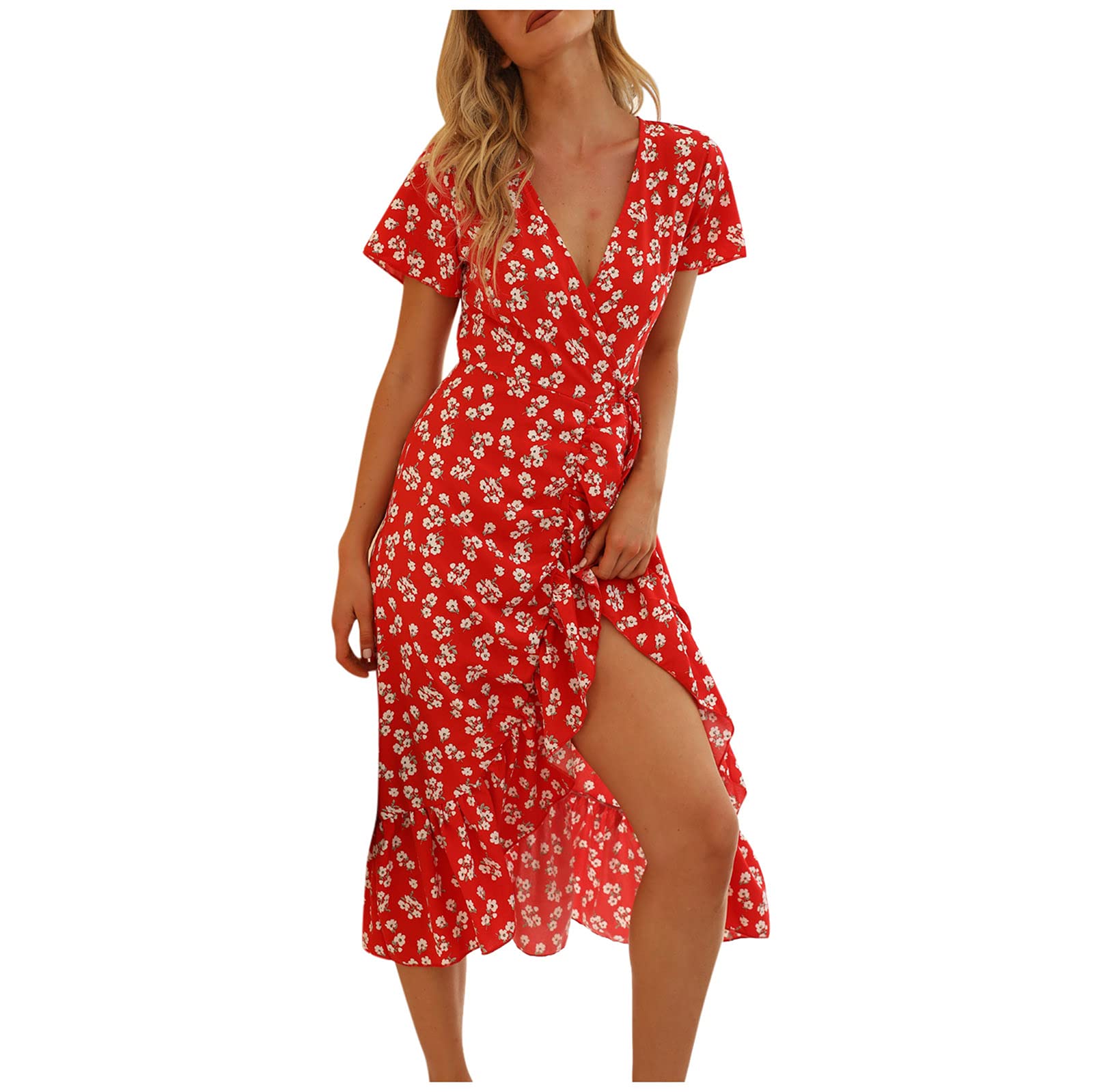 Women's Summer Dresses 2023 - Casual Loose Floral Boho Short Sleeve Wrap Dress with Ruffles | Perfect for Beach Vacations, Wedding Guest Outfits & Boho Chic Style