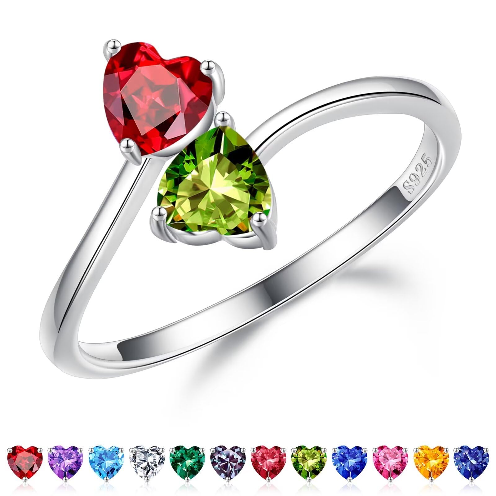 Iefil Adjustable Birthstone Rings for Women - 925 Sterling Silver Double Birthstone Rings, Anniversary Birthday Gifts for Women, Personalized Jewelry Gifts for Wife Mom Girlfriend - Perfect for Valentine's Day, Mother's Day, and Special Occasions