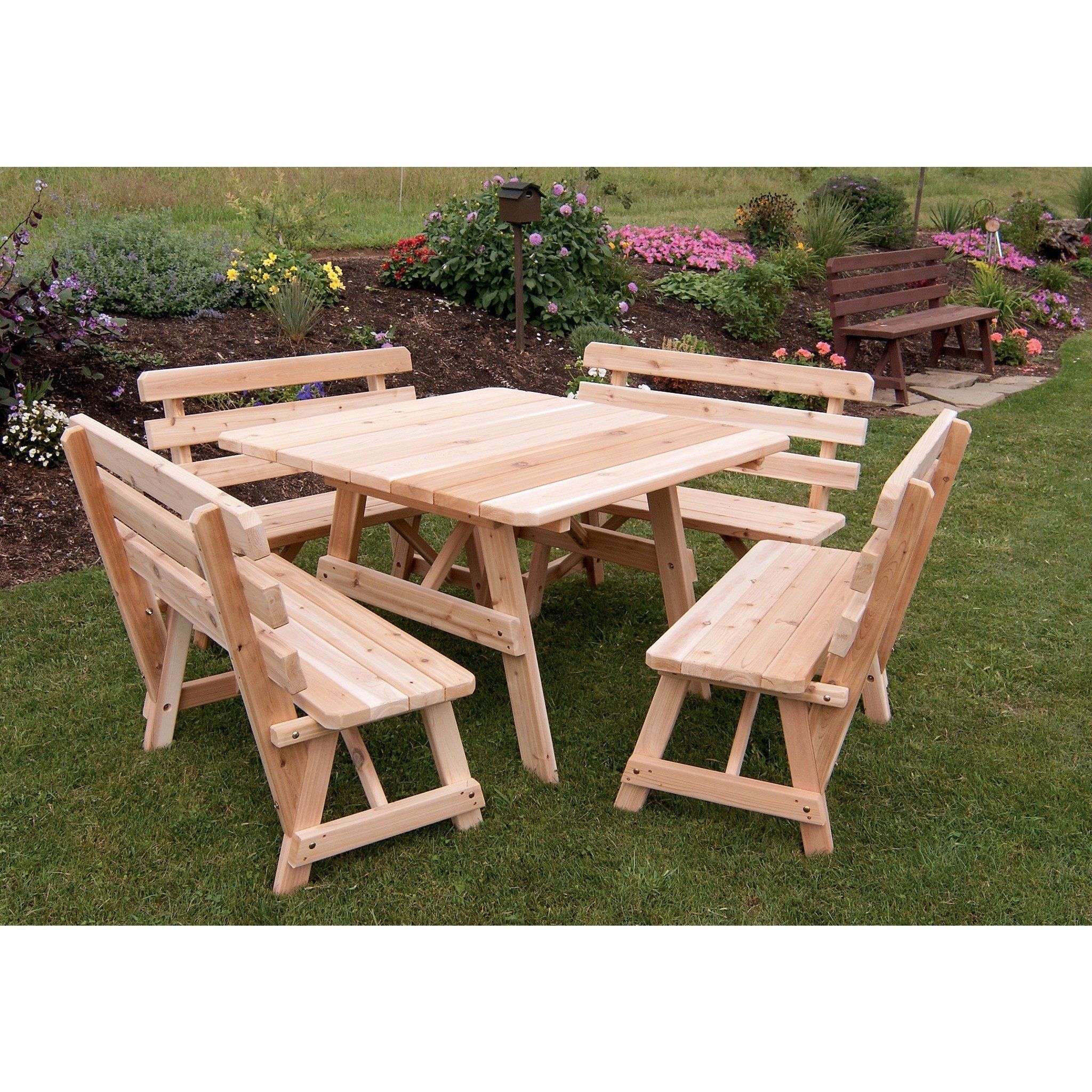 A & L Furniture 43 Square Outdoor Dining Table with 4 Backed Benches - Free Umbrella Hole Included | Perfect for Patio, Garden, and Backyard Gatherings