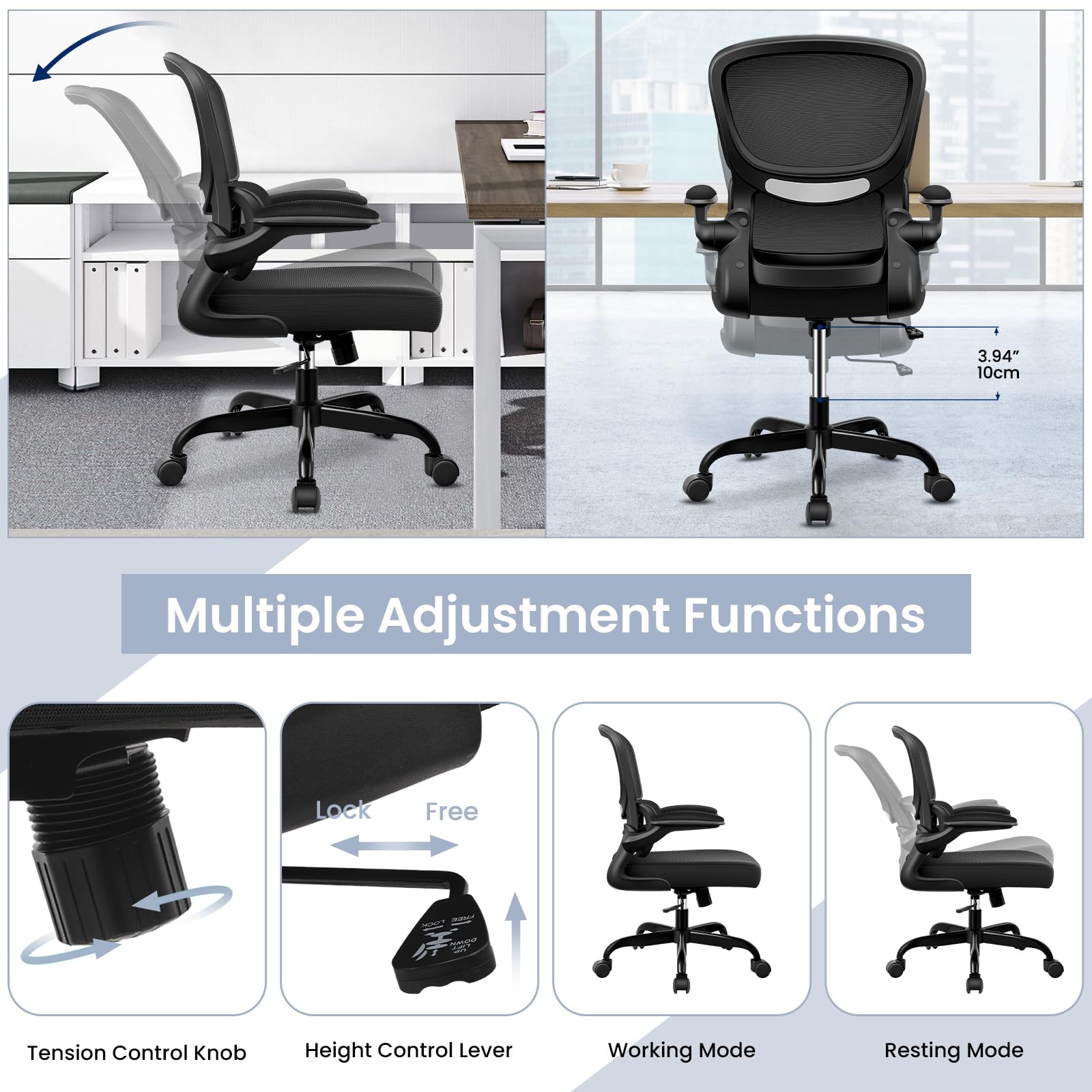 Ergonomic Office Chair with Lumbar Support - Adjustable Mesh Desk Chair for Home & Office - Breathable Mid Back Computer Chair with Reclining Function - Perfect for Long Work Hours & Gaming Sessions - Black