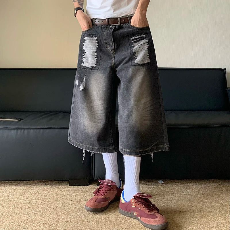 American Style Summer Loose Washed Distressed Men's Straight Leg Denim Shorts - Gradient Color Casual Pants for Outdoor Activities & Beach Wear | 24E1082