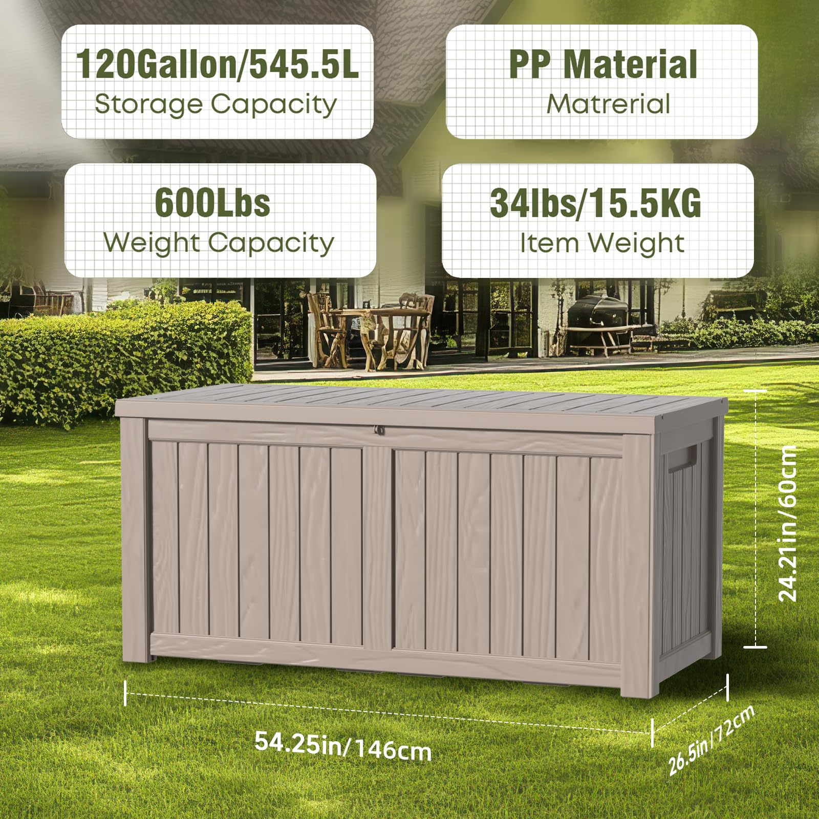 **120 Gallon Outdoor Deck Storage Box - Lockable Waterproof Patio Furniture Organizer for Garden Tools, Pool Accessories & Cushions - Durable Resin Design (Light Brown) - Perfect for Backyard, Deck & Poolside Storage**